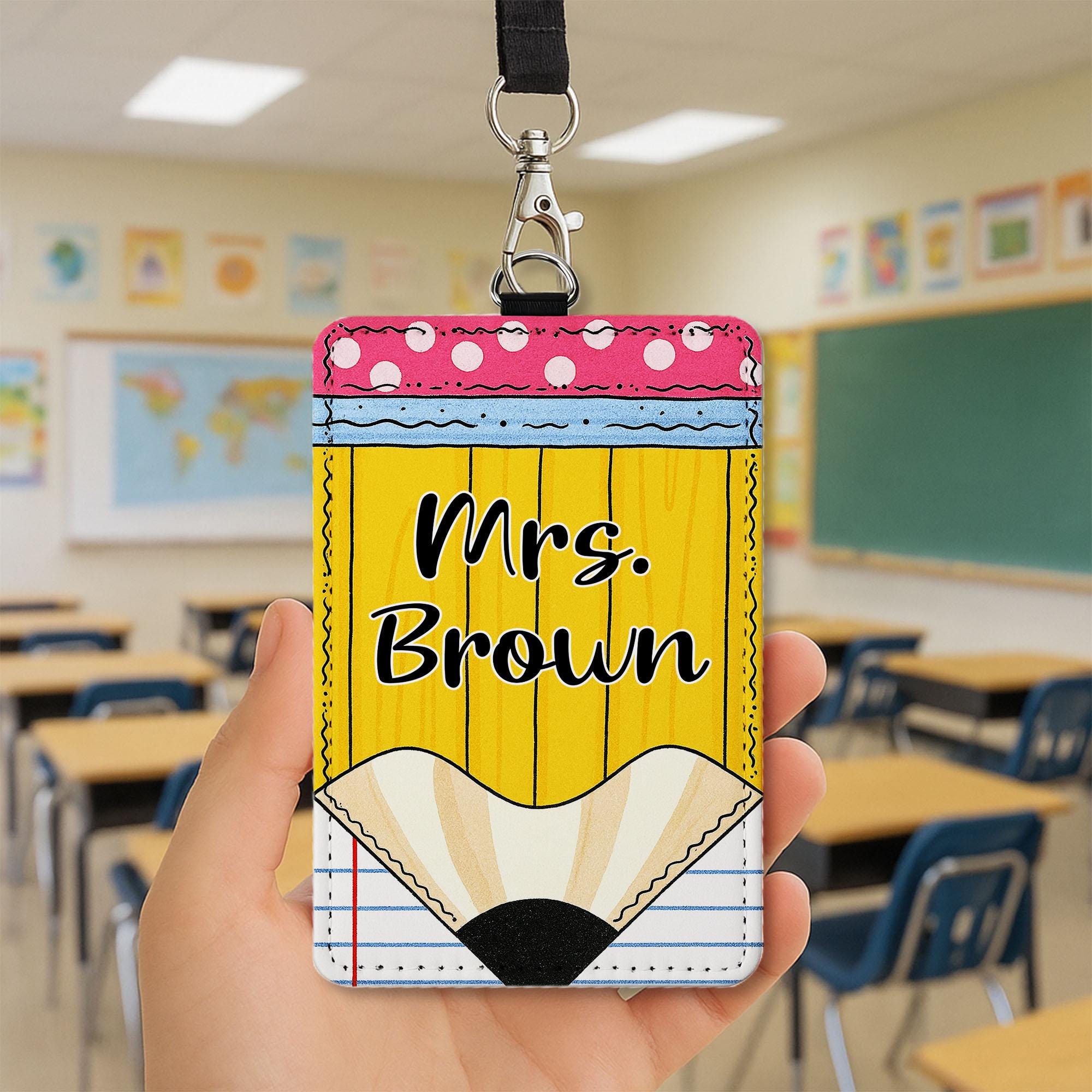 Personalized Teacher Badge Holder - Cute Pencil Design Name Tag for Classroom, Custom Lanyard ID Clip, Back to School Gift, Teacher Gift