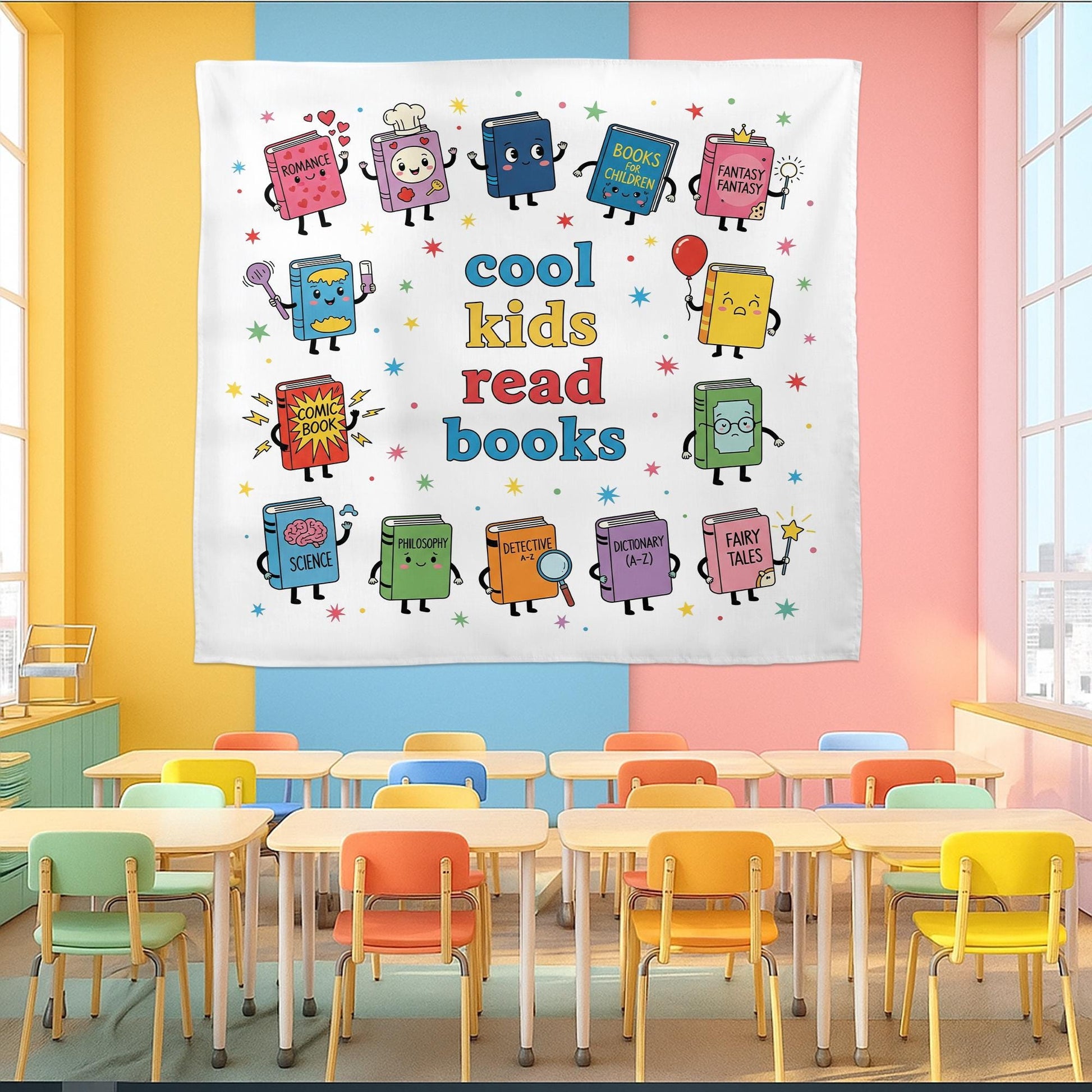 Cool Kids Read Books Banner - Cute Book Characters Classroom Wall Decor, Library Reading Poster, Back to School Teacher Decoration