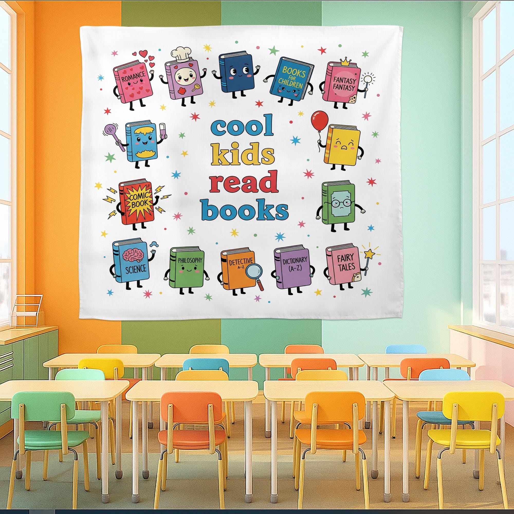Cool Kids Read Books Banner - Cute Book Characters Classroom Wall Decor, Library Reading Poster, Back to School Teacher Decoration