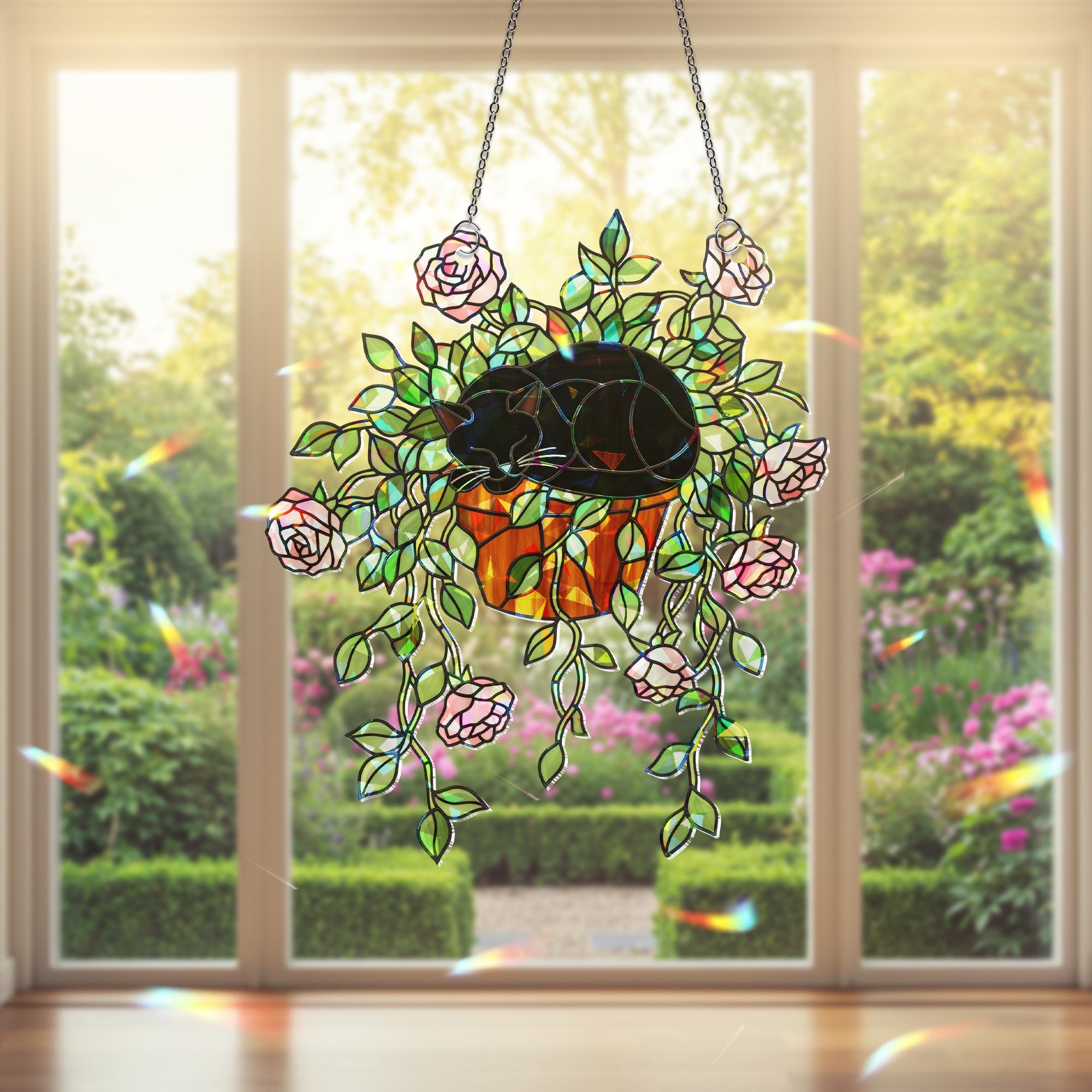 Cat & Rose Suncatcher – Holographic Acrylic Window Decor, Black Cat in Flower Pot, Romantic Cottagecore Sun Catcher Gift