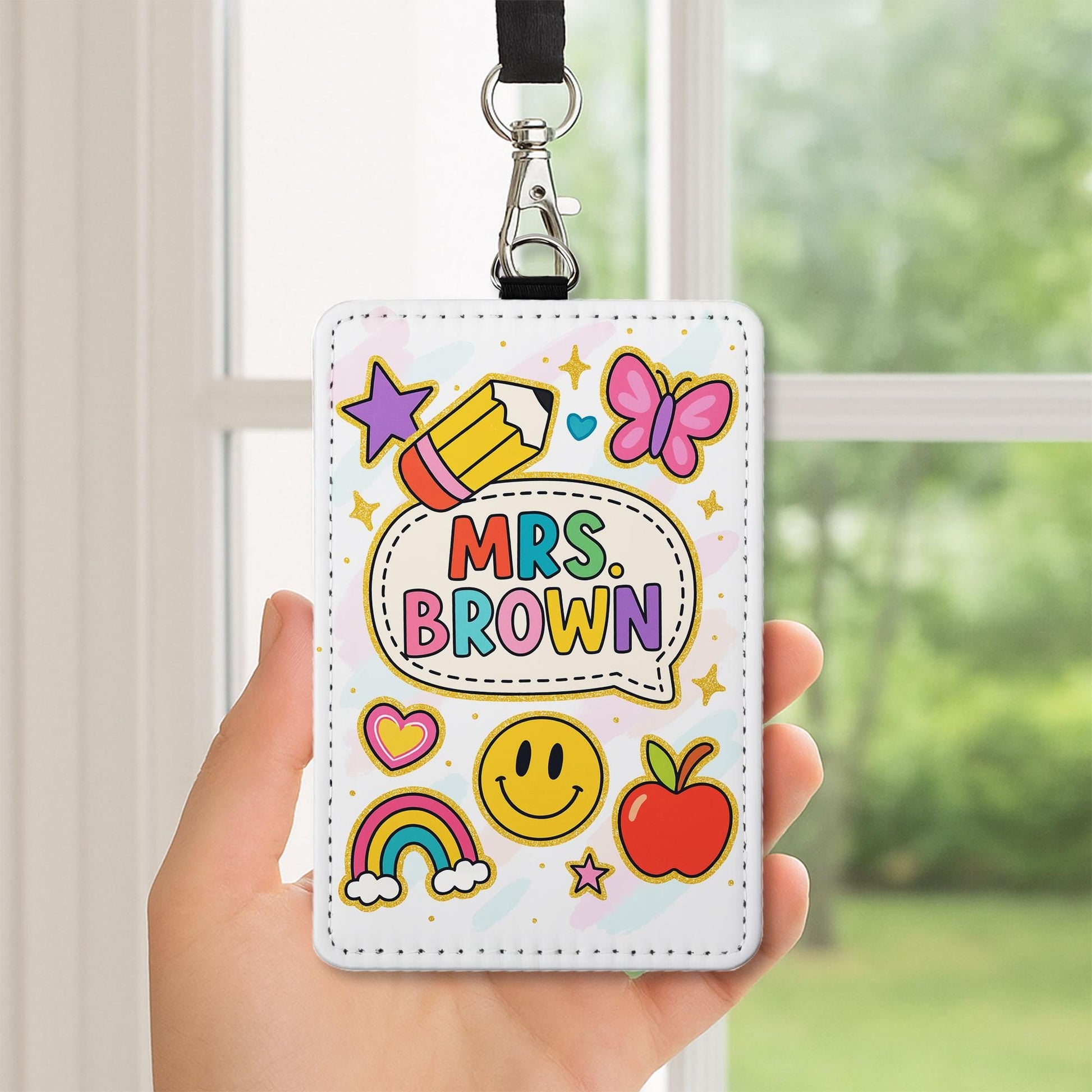 Personalized Teacher Badge Holder - Cute Rainbow & Doodle Style Name Tag, Fun Classroom ID Clip, Back to School Gift for Educators, Teachers