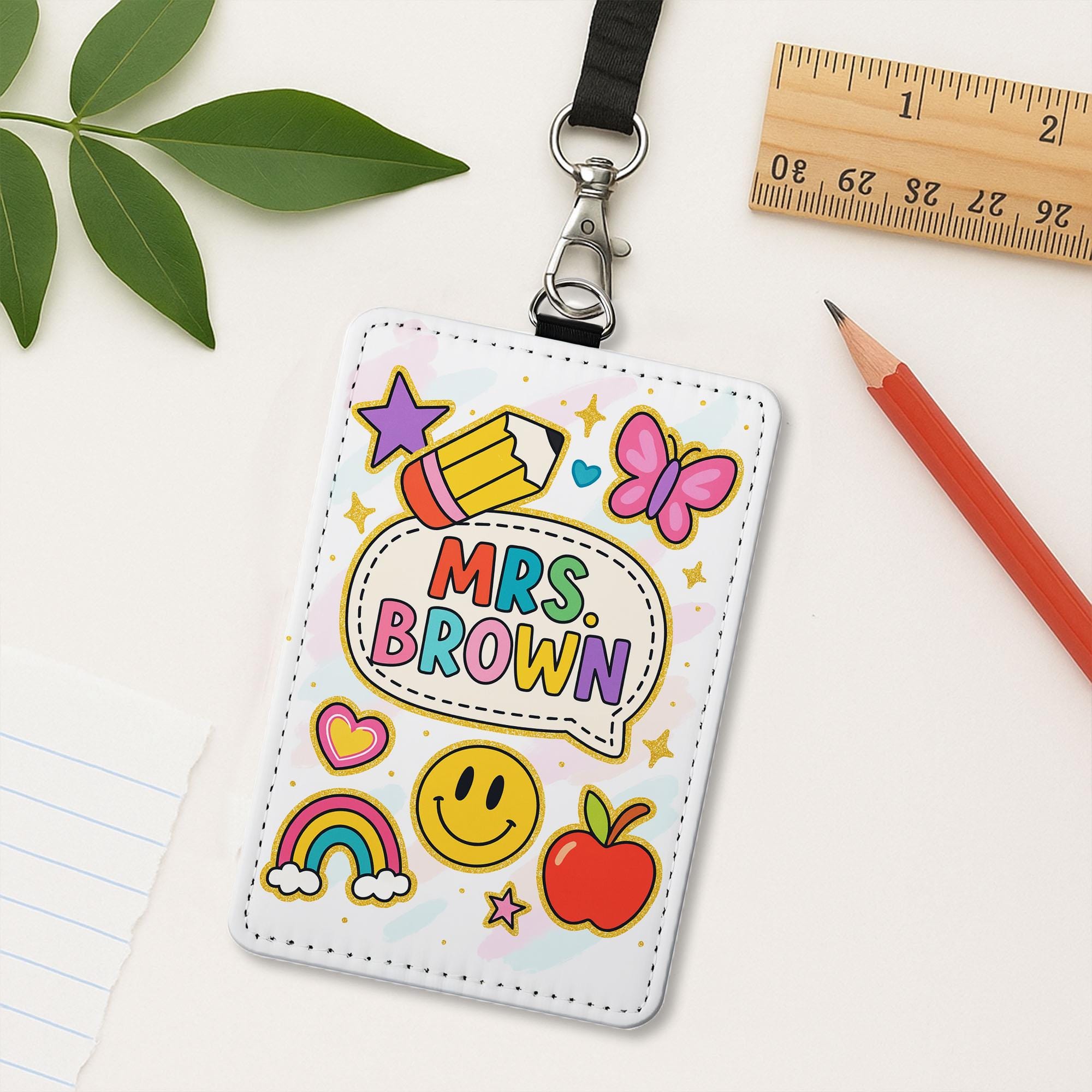 Personalized Teacher Badge Holder - Cute Rainbow & Doodle Style Name Tag, Fun Classroom ID Clip, Back to School Gift for Educators, Teachers