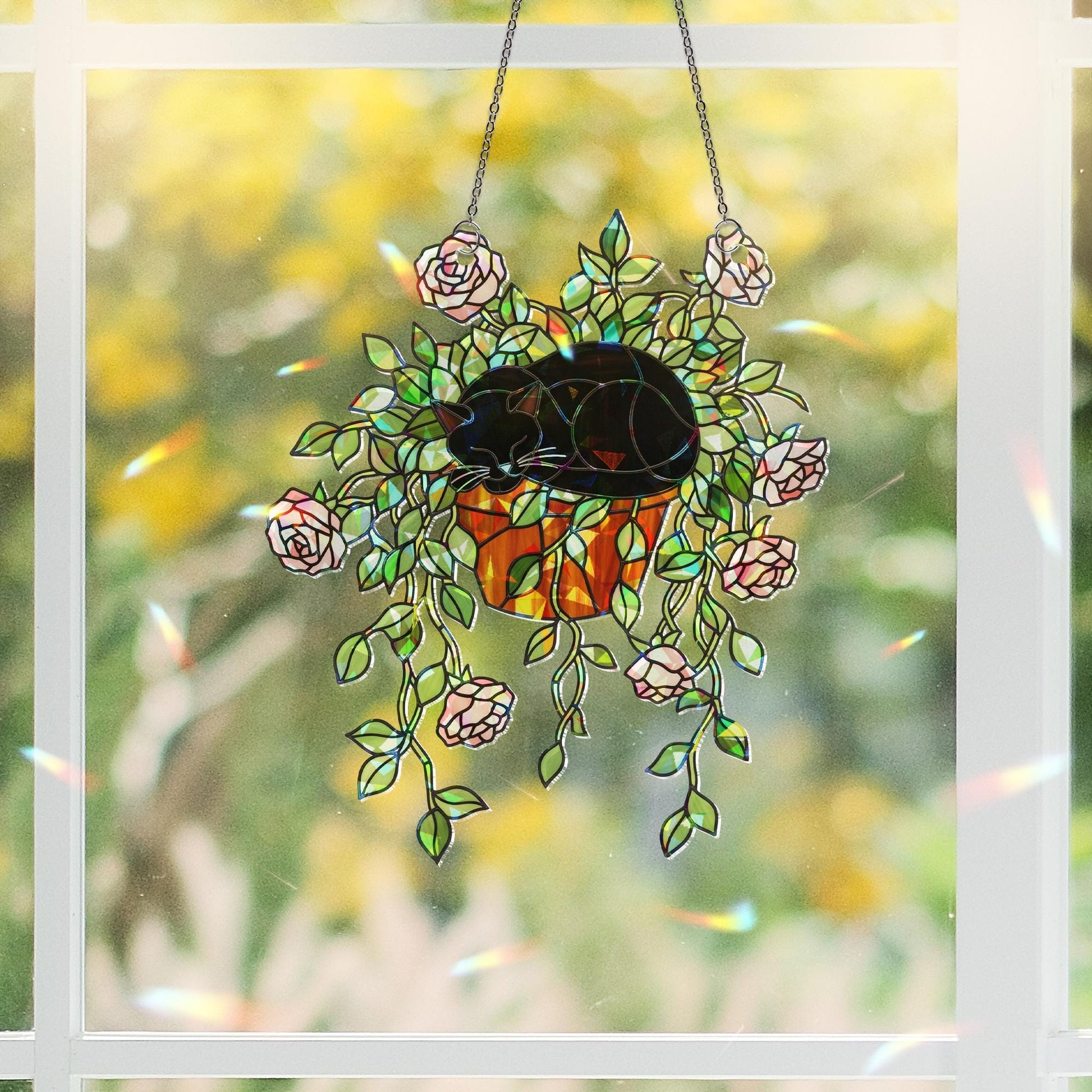 Cat & Rose Suncatcher – Holographic Acrylic Window Decor, Black Cat in Flower Pot, Romantic Cottagecore Sun Catcher Gift