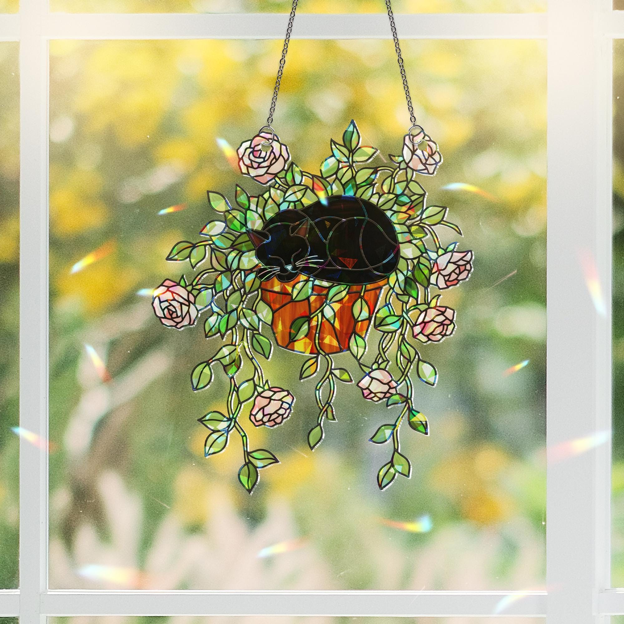 Cat & Rose Suncatcher – Holographic Acrylic Window Decor, Black Cat in Flower Pot, Romantic Cottagecore Sun Catcher Gift