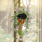 Cat & Rose Suncatcher – Holographic Acrylic Window Decor, Black Cat in Flower Pot, Romantic Cottagecore Sun Catcher Gift