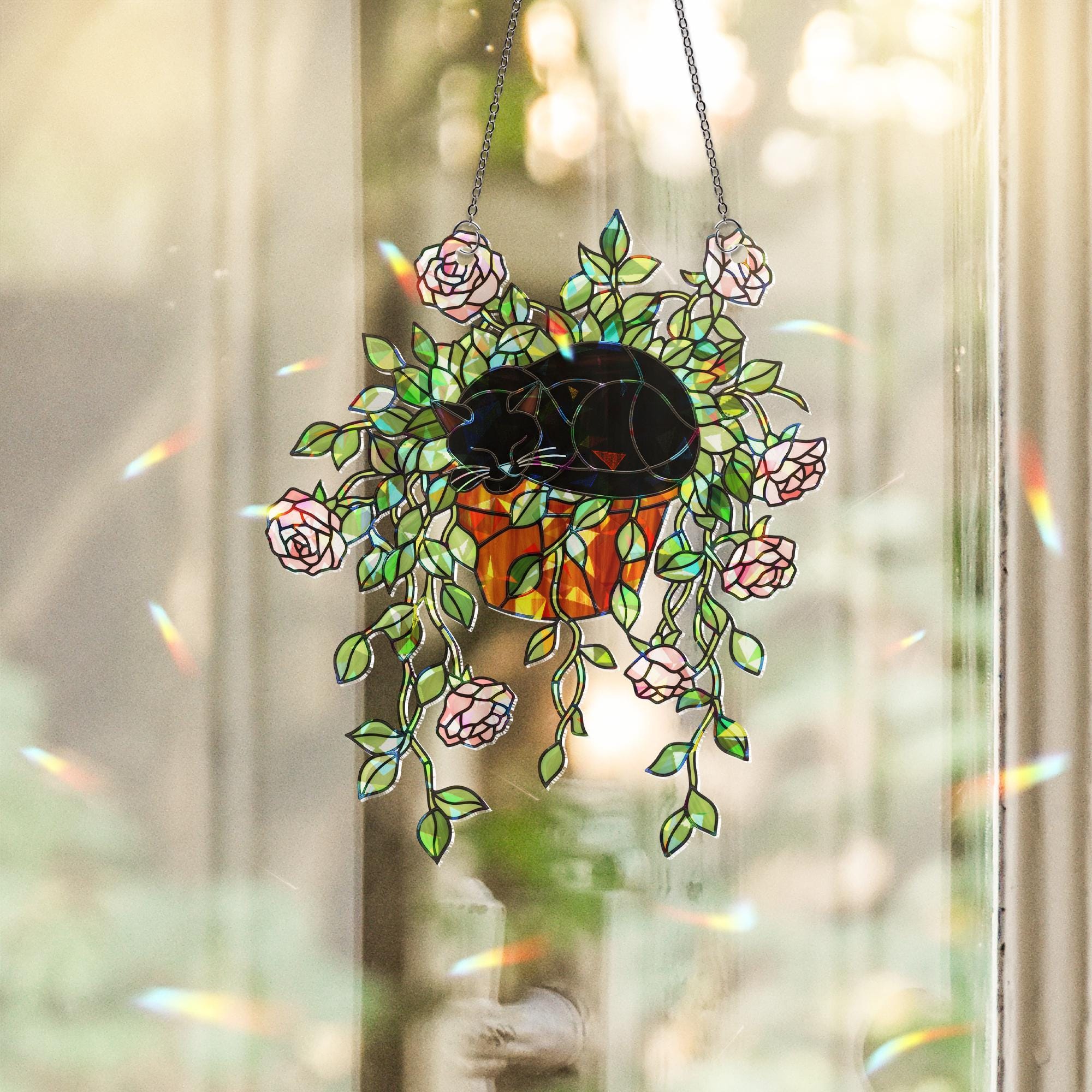Cat & Rose Suncatcher – Holographic Acrylic Window Decor, Black Cat in Flower Pot, Romantic Cottagecore Sun Catcher Gift