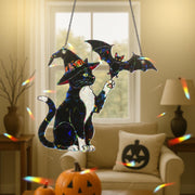 Witch Cat & Bat Suncatcher – Holographic Tuxedo Cat Window Decor, Halloween Acrylic Hanging, Spooky Fall Gothic Gift