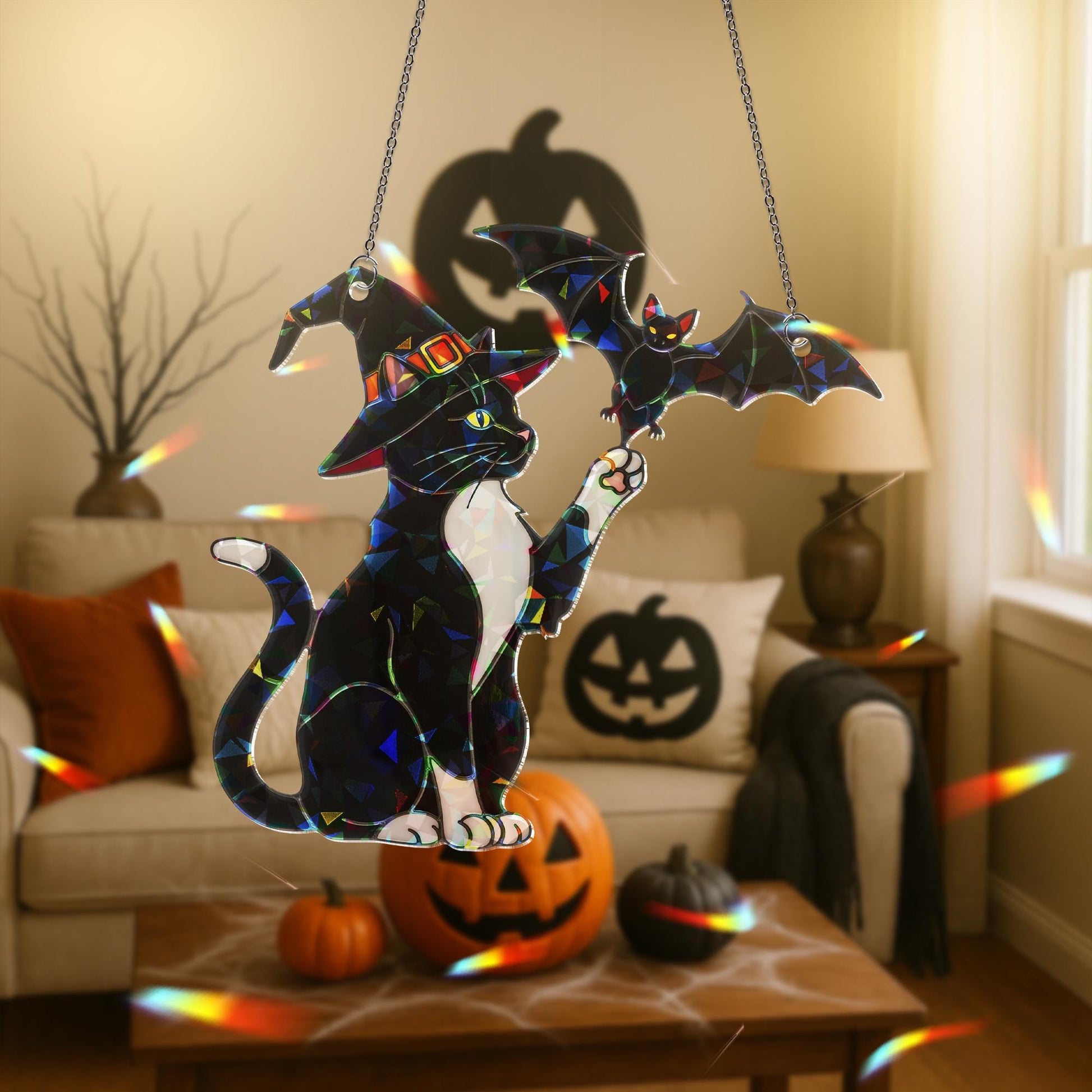 Witch Cat & Bat Suncatcher – Holographic Tuxedo Cat Window Decor, Halloween Acrylic Hanging, Spooky Fall Gothic Gift