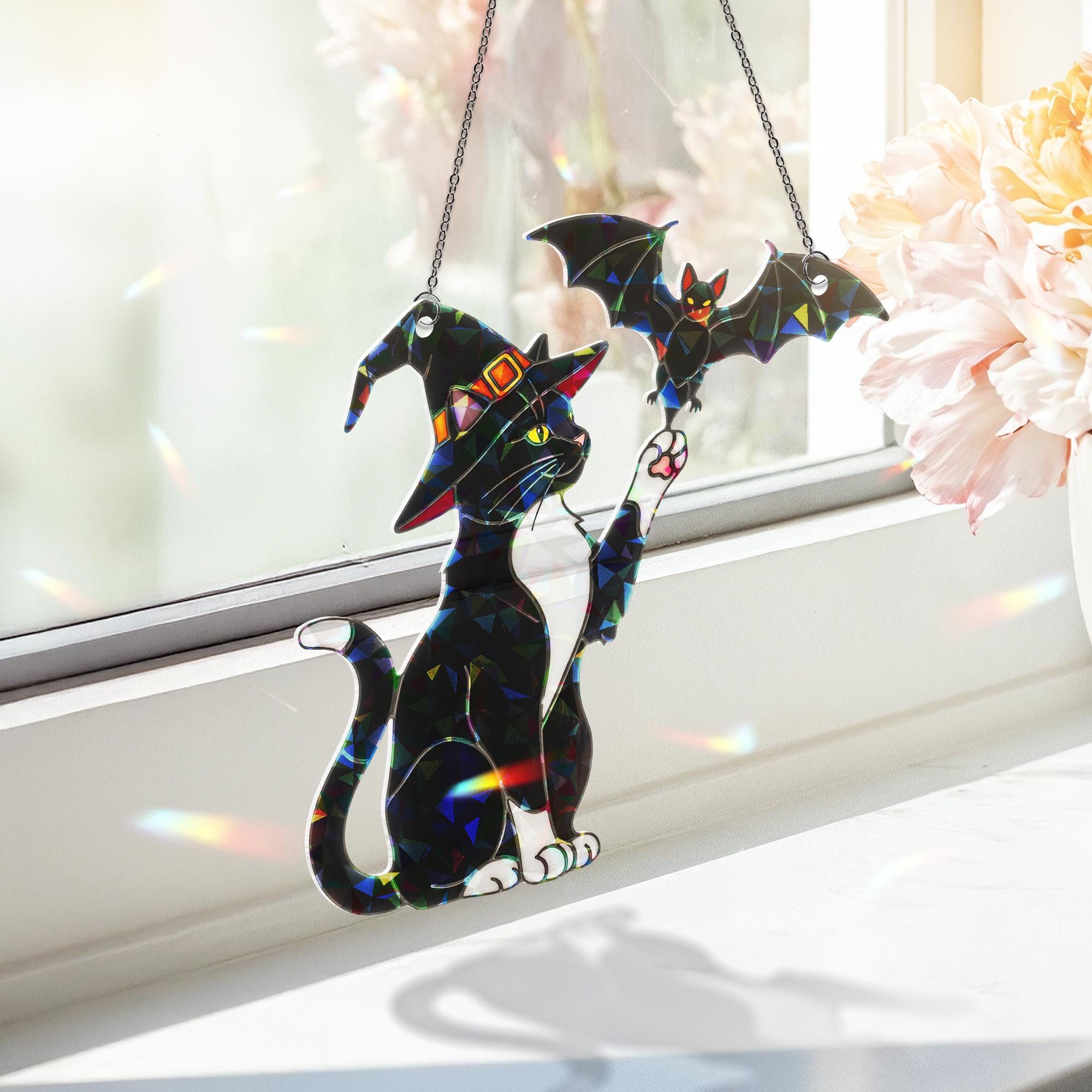 Witch Cat & Bat Suncatcher – Holographic Tuxedo Cat Window Decor, Halloween Acrylic Hanging, Spooky Fall Gothic Gift