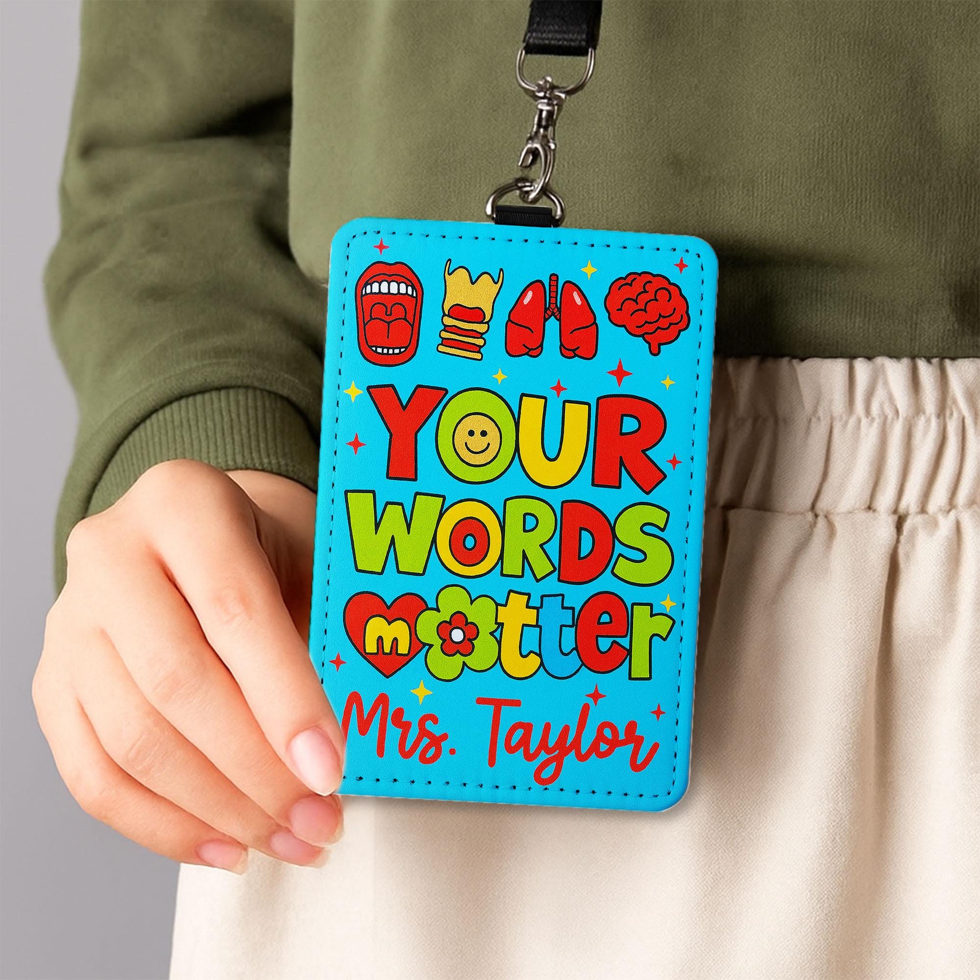 Your Words Matter Badge Holder - Personalized SLP Name Tag, Colorful Speech Therapist ID Clip, Back to School Gift for Teachers, Educators