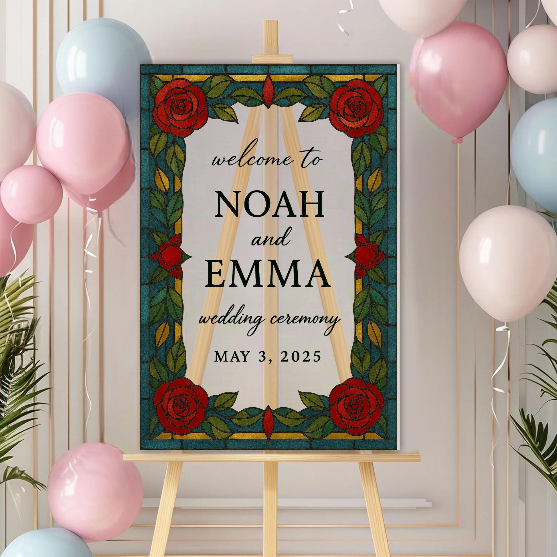 Custom Wedding Welcome Sign – Rustic Red Rose Ceremony Sign, Personalized Faux Stained Glass Style Wedding Decor, Elegant Couple Name sign
