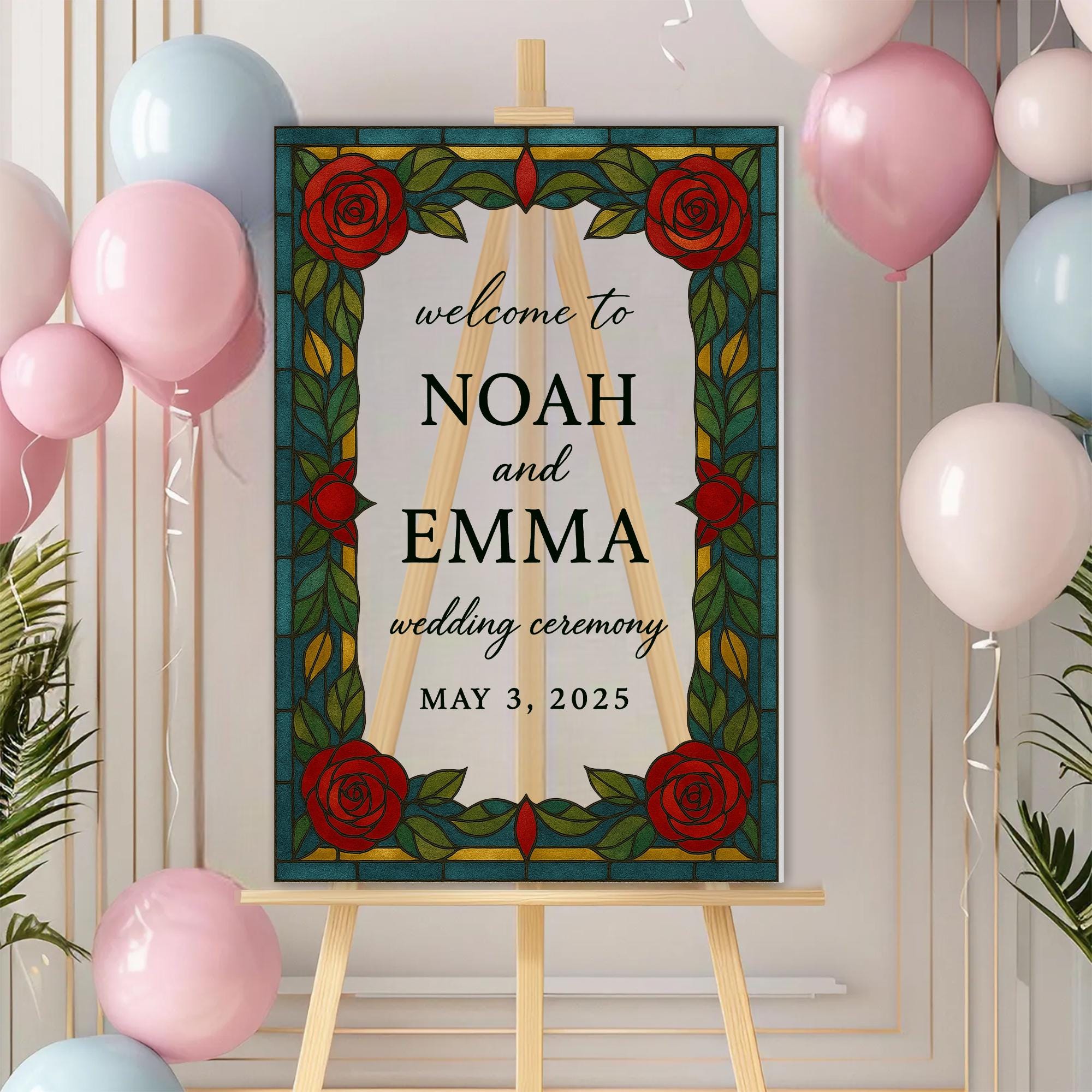 Custom Wedding Welcome Sign – Rustic Red Rose Ceremony Sign, Personalized Faux Stained Glass Style Wedding Decor, Elegant Couple Name sign