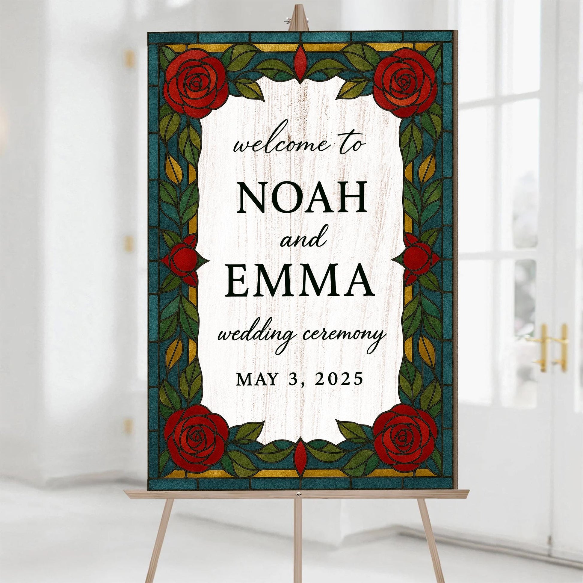 Custom Wedding Welcome Sign – Rustic Red Rose Ceremony Sign, Personalized Faux Stained Glass Style Wedding Decor, Elegant Couple Name sign