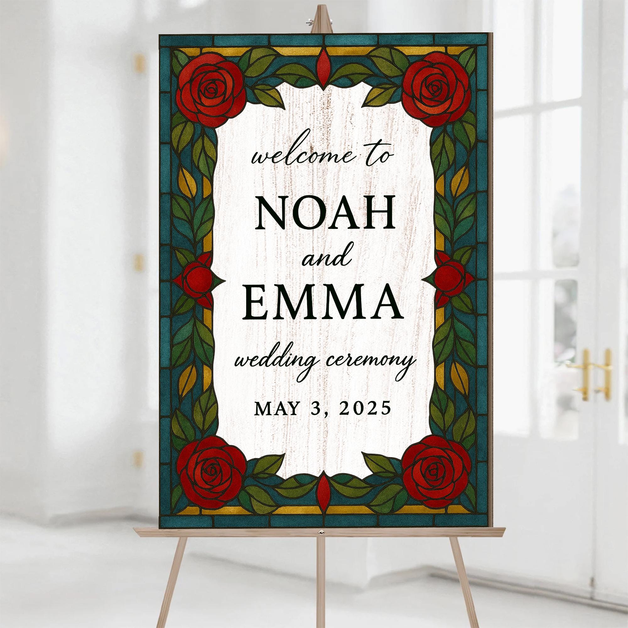Custom Wedding Welcome Sign – Rustic Red Rose Ceremony Sign, Personalized Faux Stained Glass Style Wedding Decor, Elegant Couple Name sign