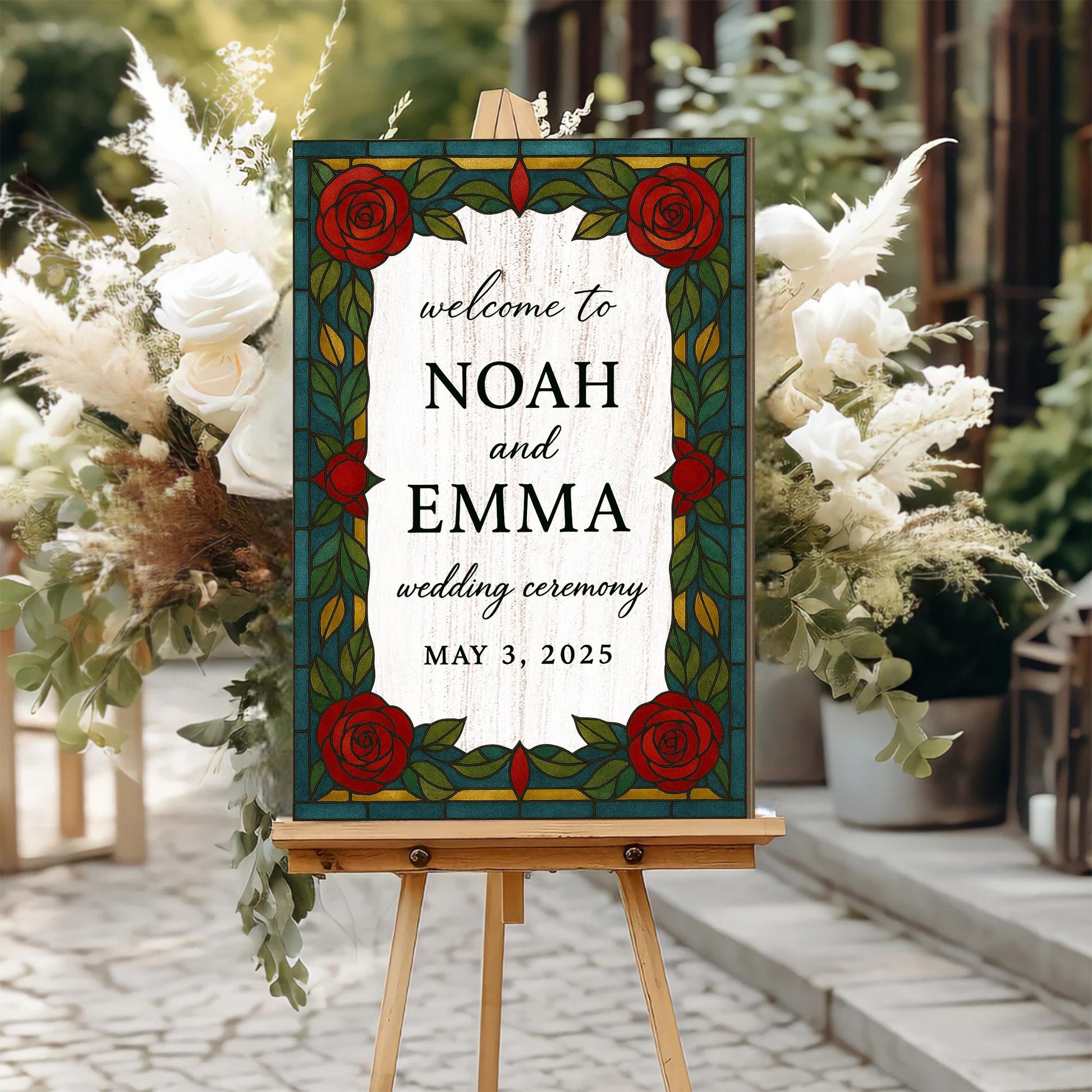 Custom Wedding Welcome Sign – Rustic Red Rose Ceremony Sign, Personalized Faux Stained Glass Style Wedding Decor, Elegant Couple Name sign