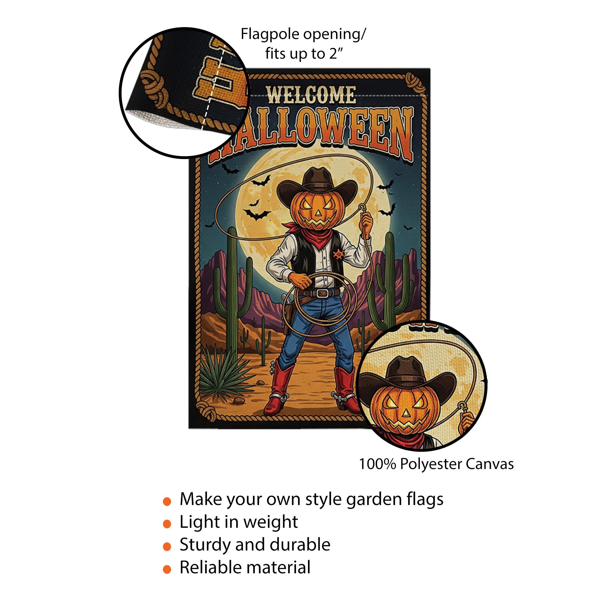 Welcome Halloween Garden Flag | Western Pumpkin Cowboy Yard Banner | Fall Outdoor Rustic Decor | Spooky Southwestern Sign