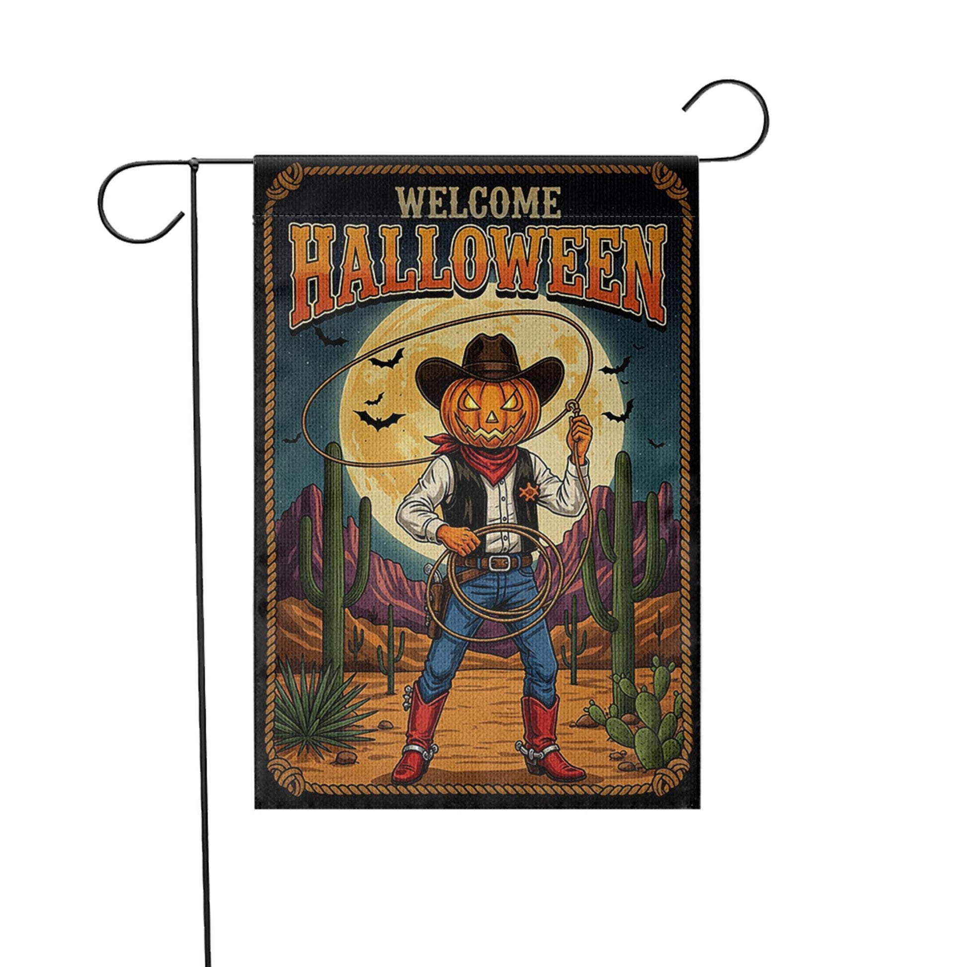 Welcome Halloween Garden Flag | Western Pumpkin Cowboy Yard Banner | Fall Outdoor Rustic Decor | Spooky Southwestern Sign