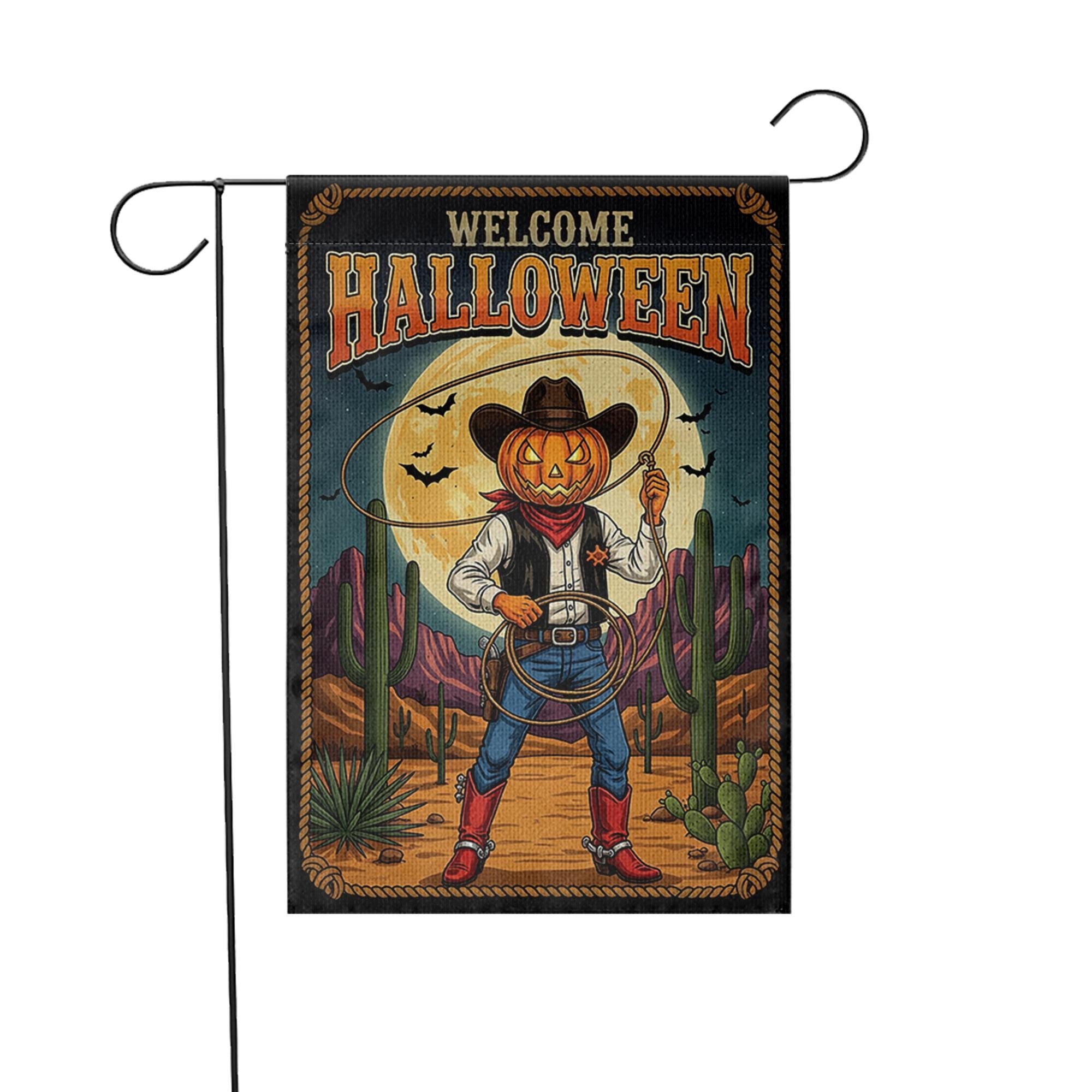 Welcome Halloween Garden Flag | Western Pumpkin Cowboy Yard Banner | Fall Outdoor Rustic Decor | Spooky Southwestern Sign