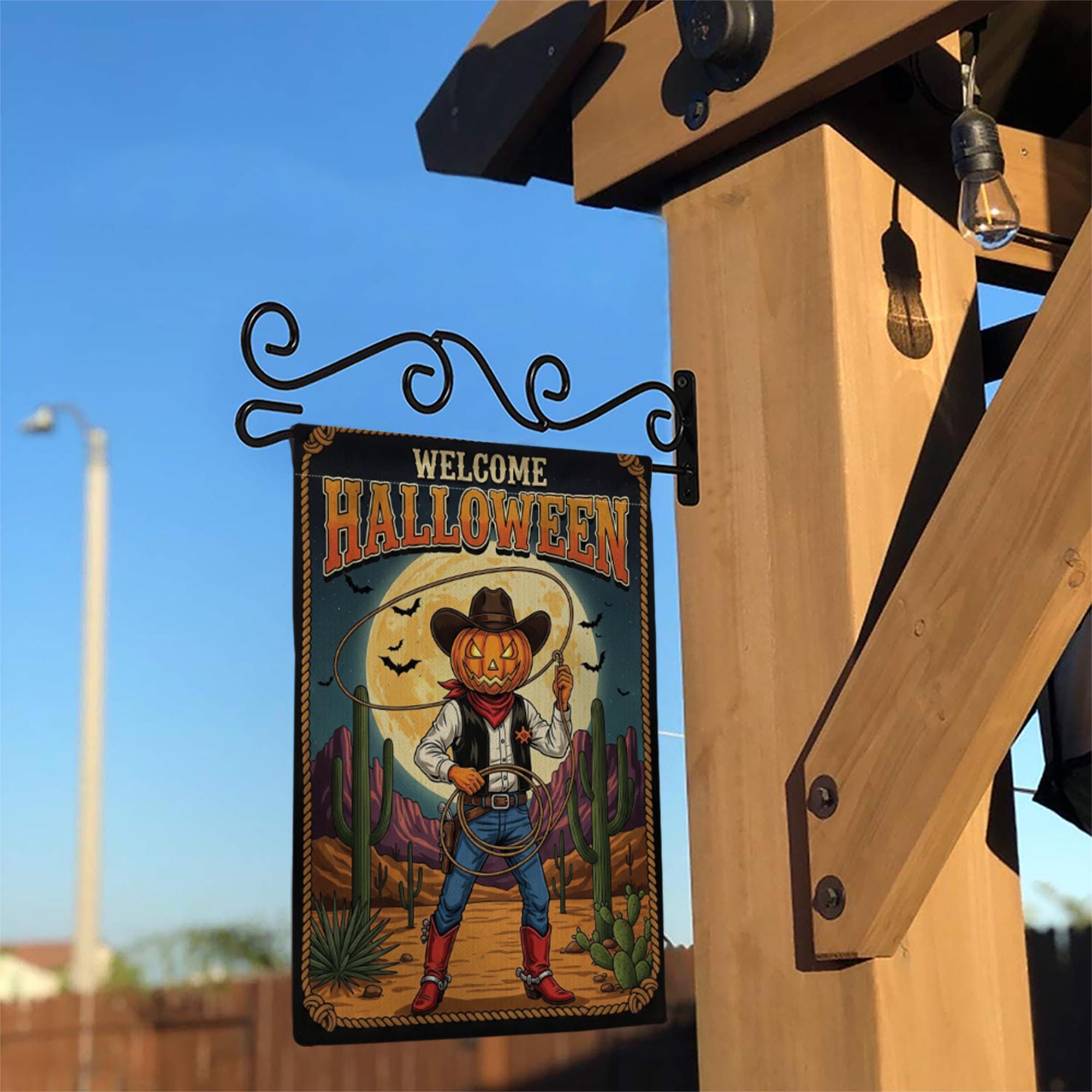 Welcome Halloween Garden Flag | Western Pumpkin Cowboy Yard Banner | Fall Outdoor Rustic Decor | Spooky Southwestern Sign