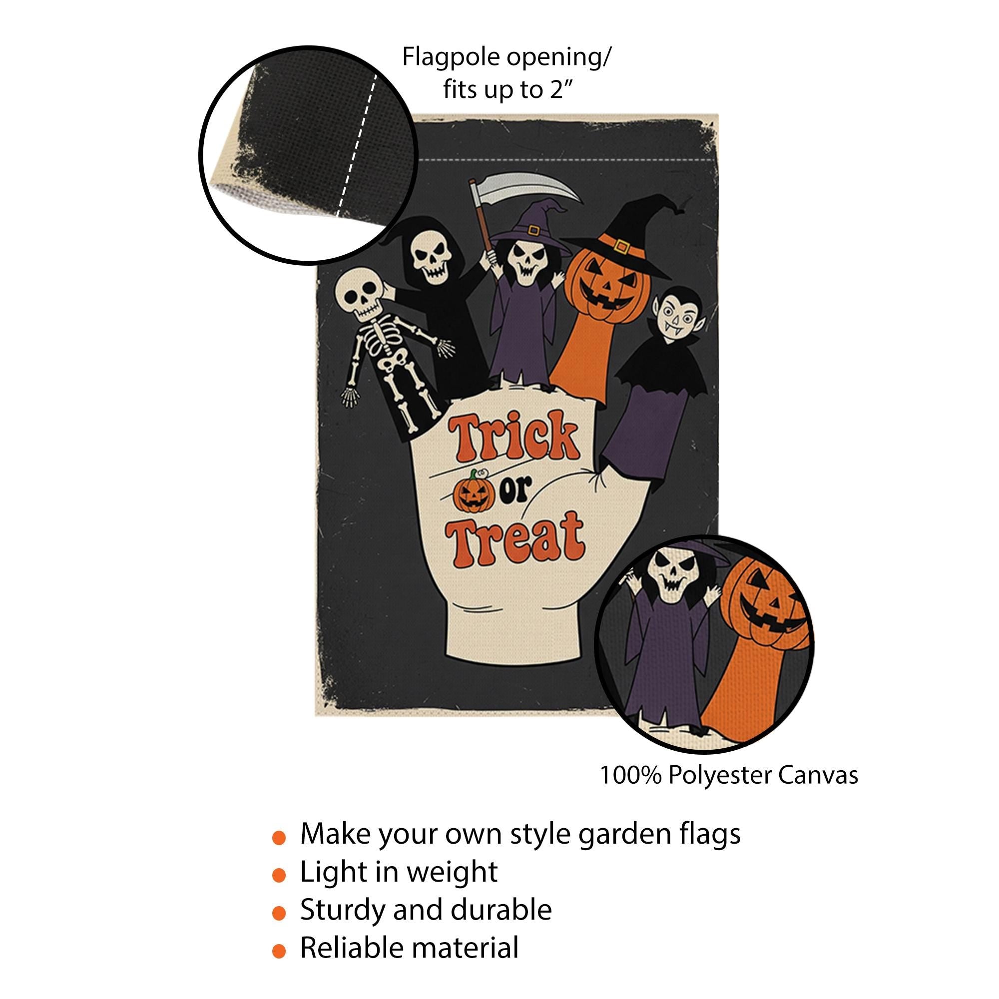 Trick or Treat Garden Flag | Halloween Finger Puppets Yard Banner | Cute Spooky Outdoor Fall Decor | Skeleton Witch Vampire Sign