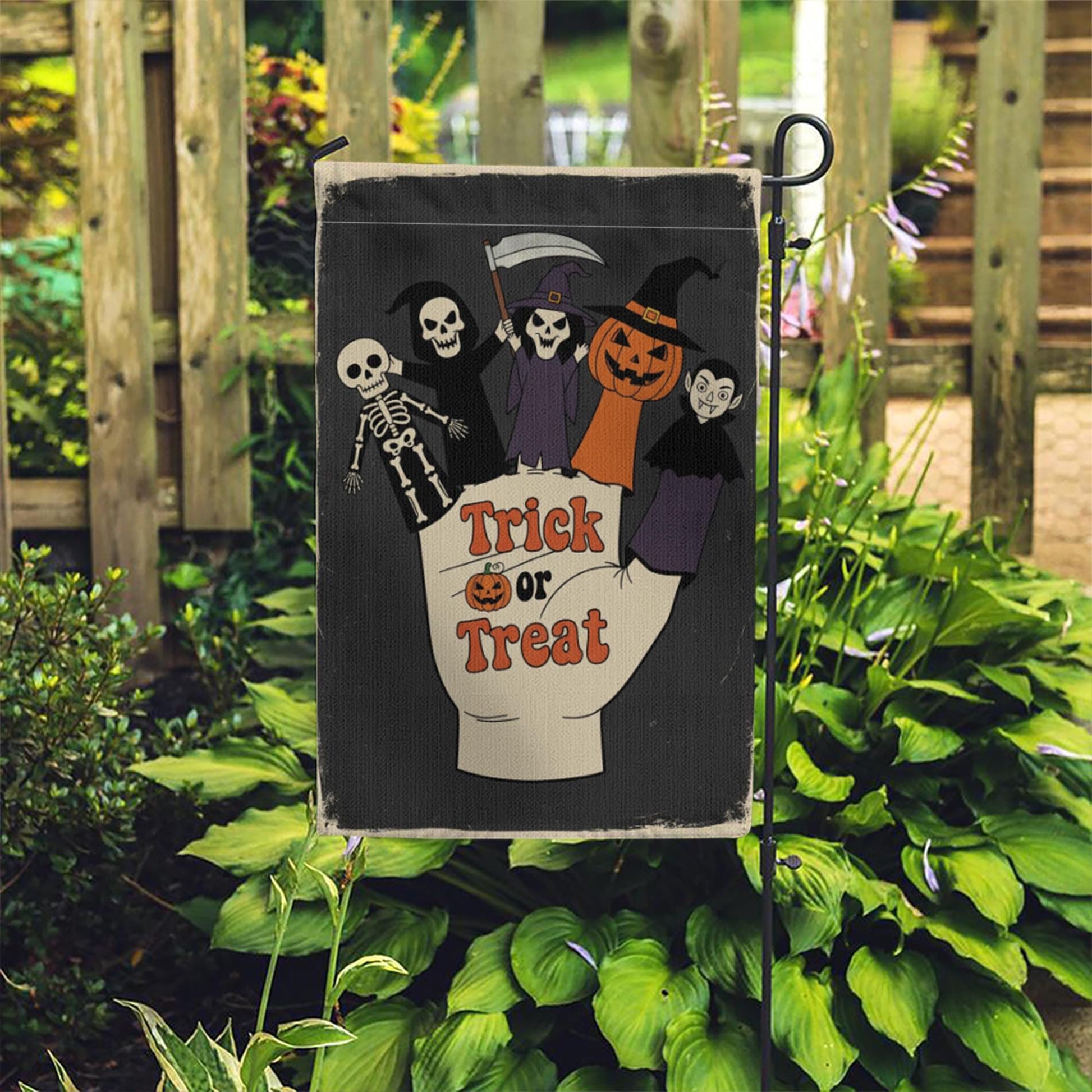 Trick or Treat Garden Flag | Halloween Finger Puppets Yard Banner | Cute Spooky Outdoor Fall Decor | Skeleton Witch Vampire Sign