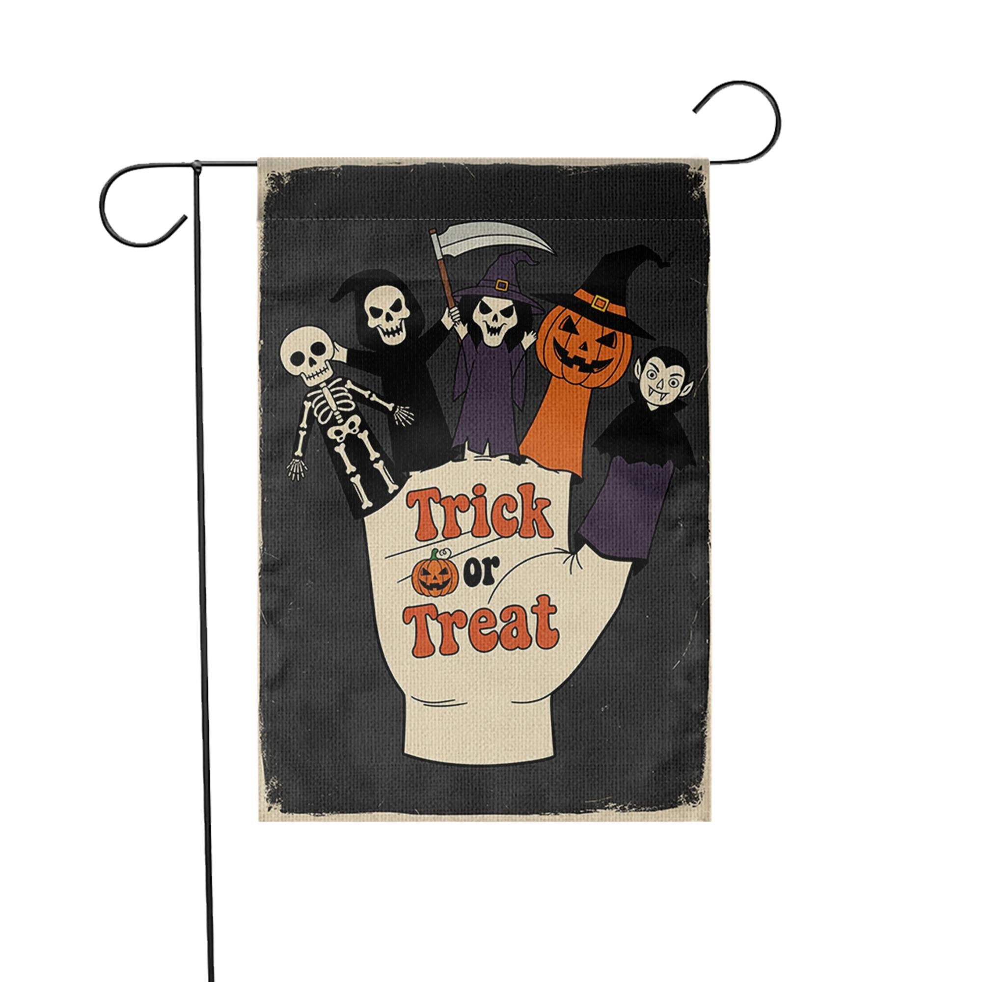 Trick or Treat Garden Flag | Halloween Finger Puppets Yard Banner | Cute Spooky Outdoor Fall Decor | Skeleton Witch Vampire Sign