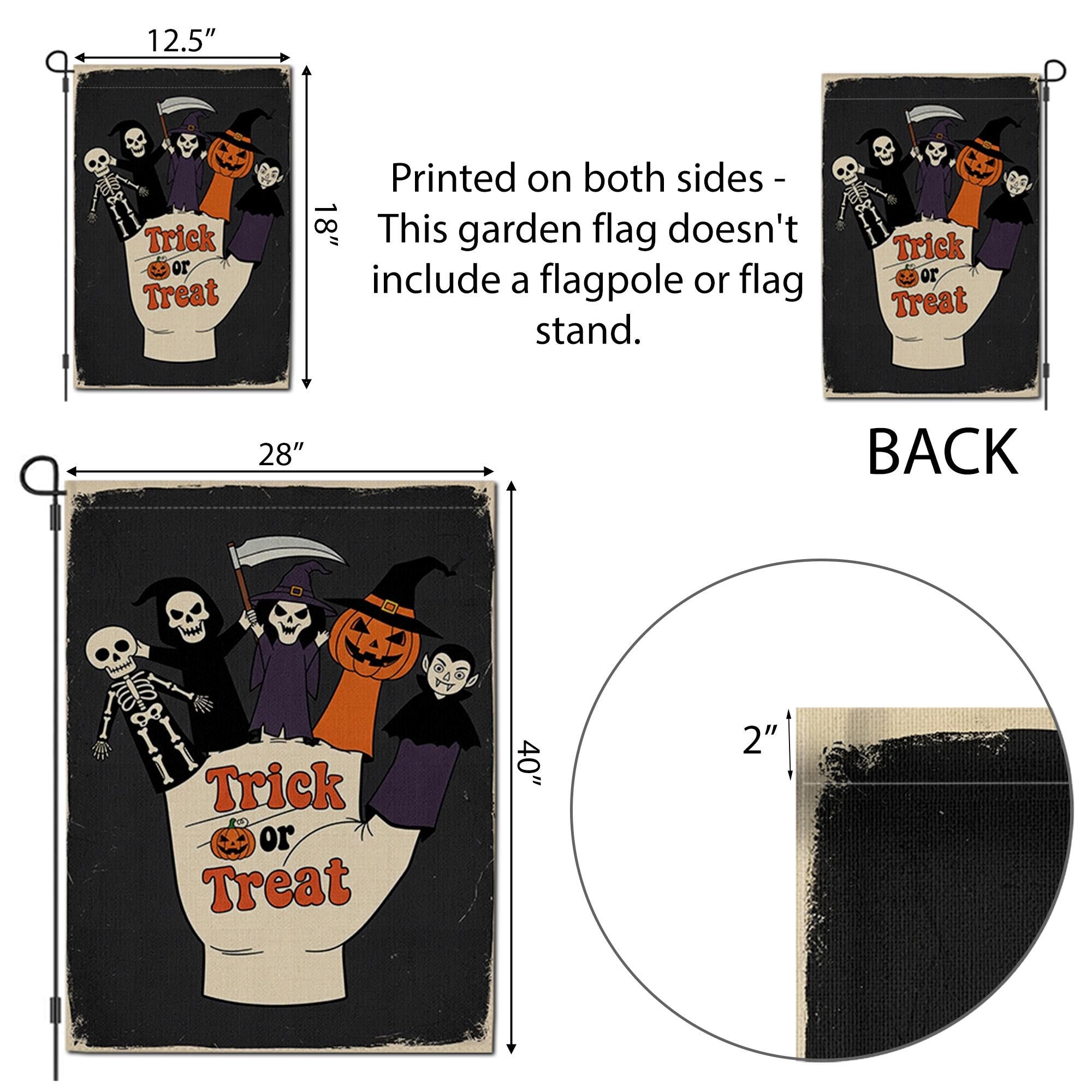 Trick or Treat Garden Flag | Halloween Finger Puppets Yard Banner | Cute Spooky Outdoor Fall Decor | Skeleton Witch Vampire Sign