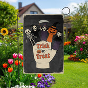 Trick or Treat Garden Flag | Halloween Finger Puppets Yard Banner | Cute Spooky Outdoor Fall Decor | Skeleton Witch Vampire Sign