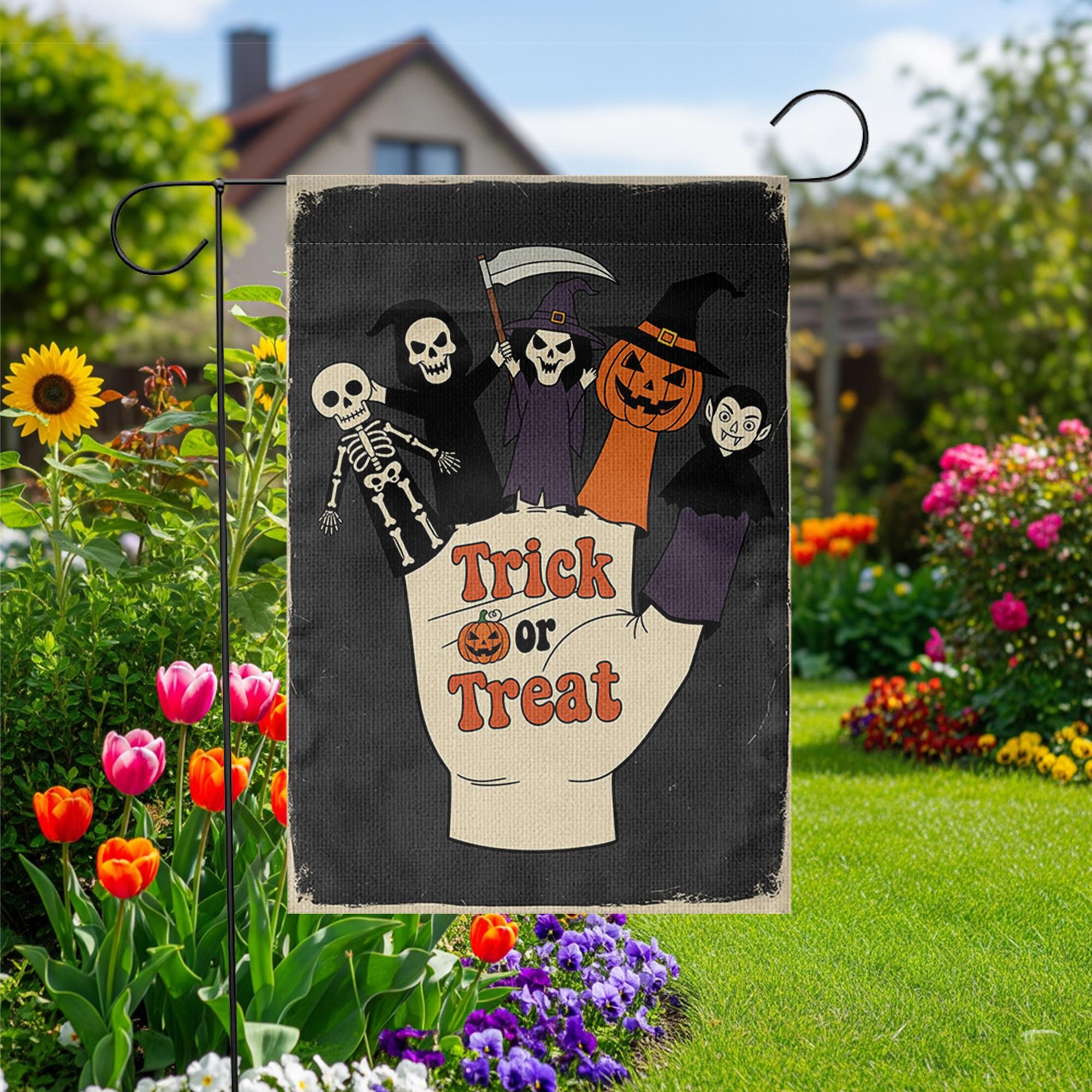 Trick or Treat Garden Flag | Halloween Finger Puppets Yard Banner | Cute Spooky Outdoor Fall Decor | Skeleton Witch Vampire Sign