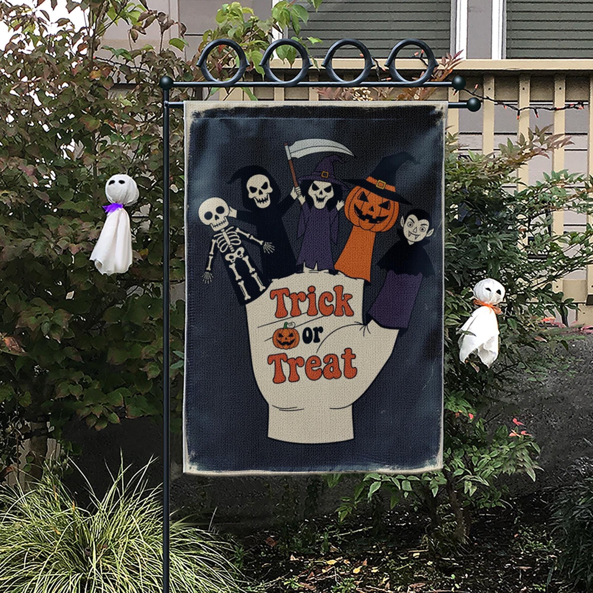 Trick or Treat Garden Flag | Halloween Finger Puppets Yard Banner | Cute Spooky Outdoor Fall Decor | Skeleton Witch Vampire Sign