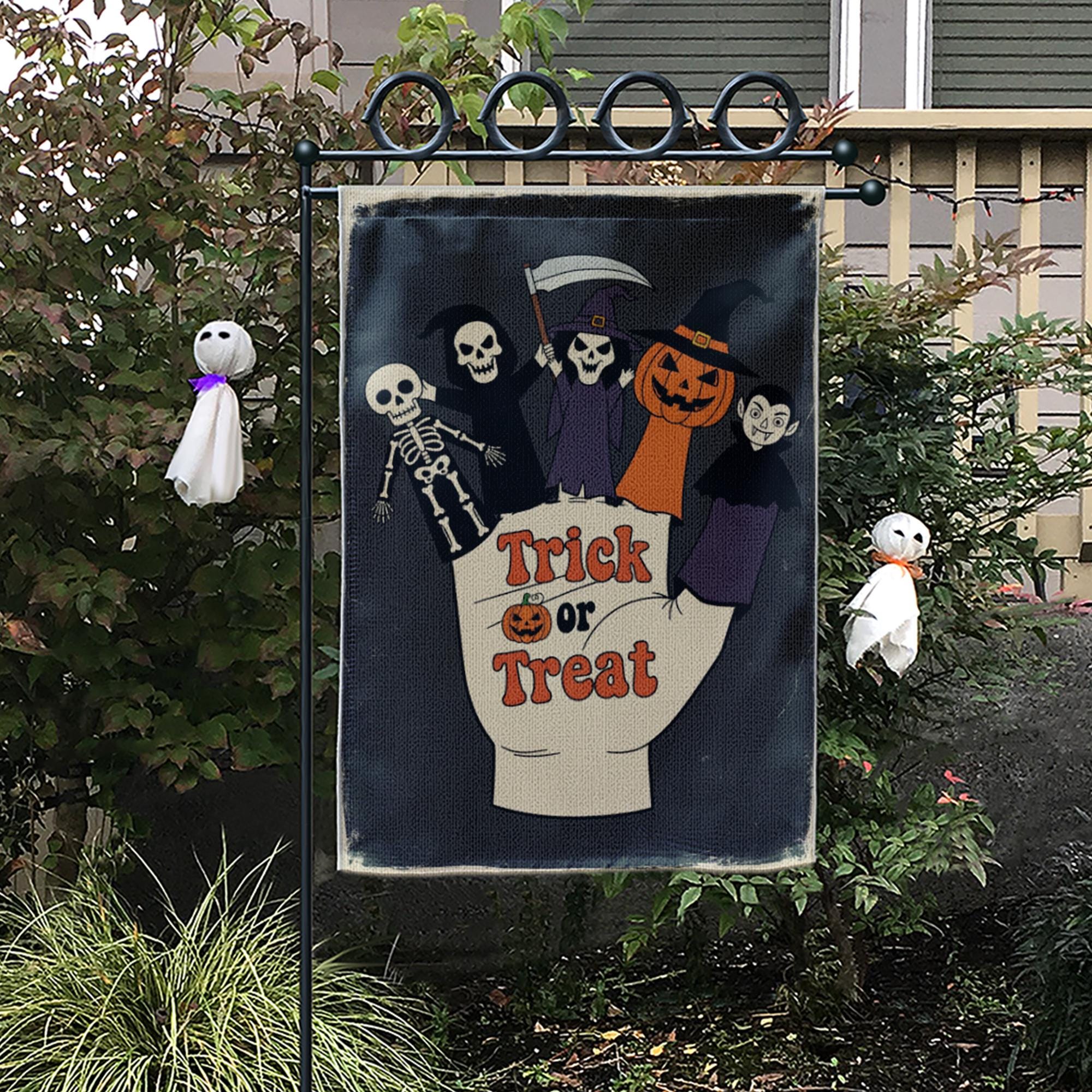 Trick or Treat Garden Flag | Halloween Finger Puppets Yard Banner | Cute Spooky Outdoor Fall Decor | Skeleton Witch Vampire Sign