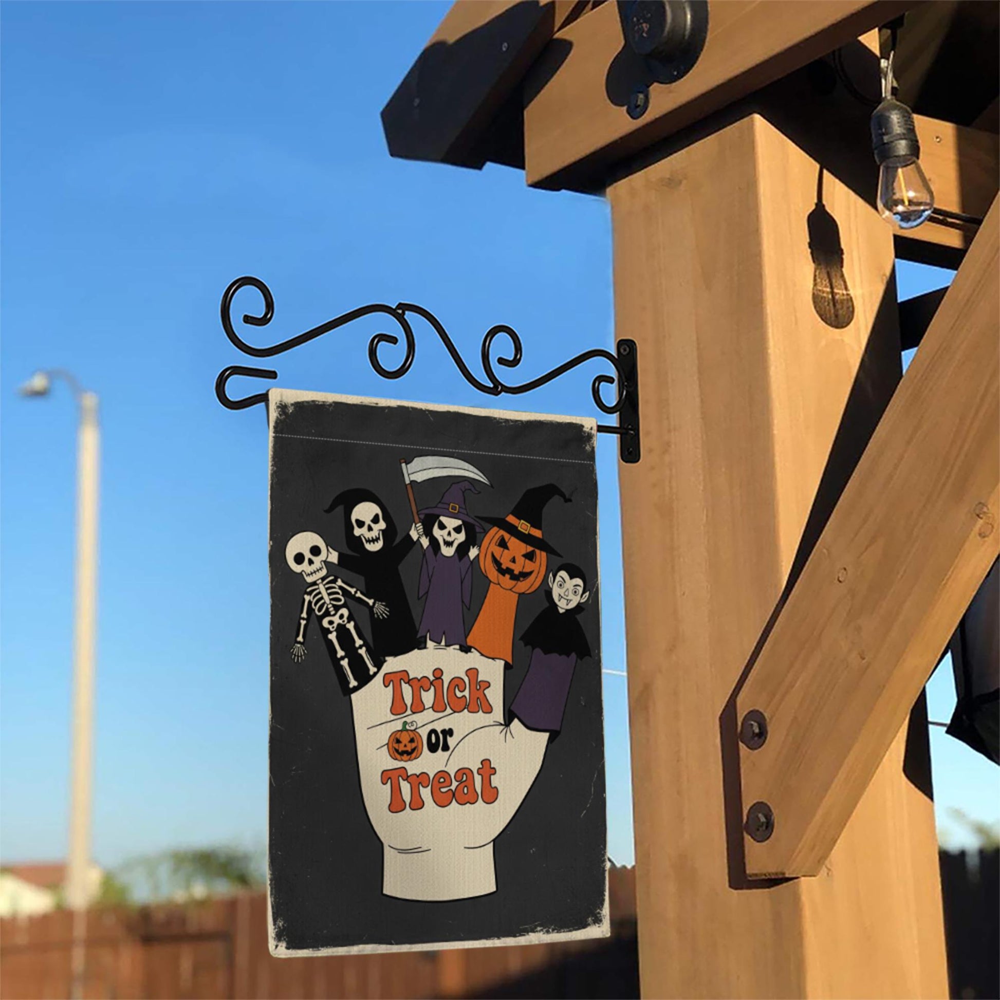 Trick or Treat Garden Flag | Halloween Finger Puppets Yard Banner | Cute Spooky Outdoor Fall Decor | Skeleton Witch Vampire Sign