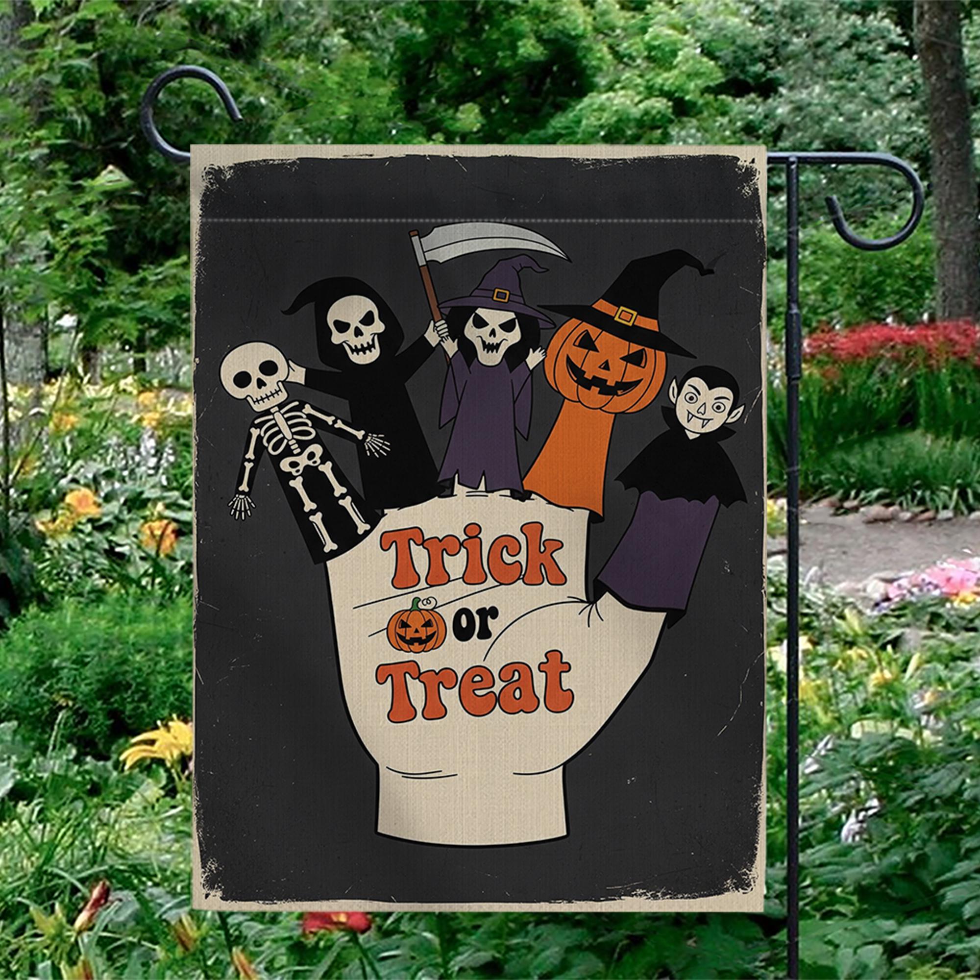 Trick or Treat Garden Flag | Halloween Finger Puppets Yard Banner | Cute Spooky Outdoor Fall Decor | Skeleton Witch Vampire Sign