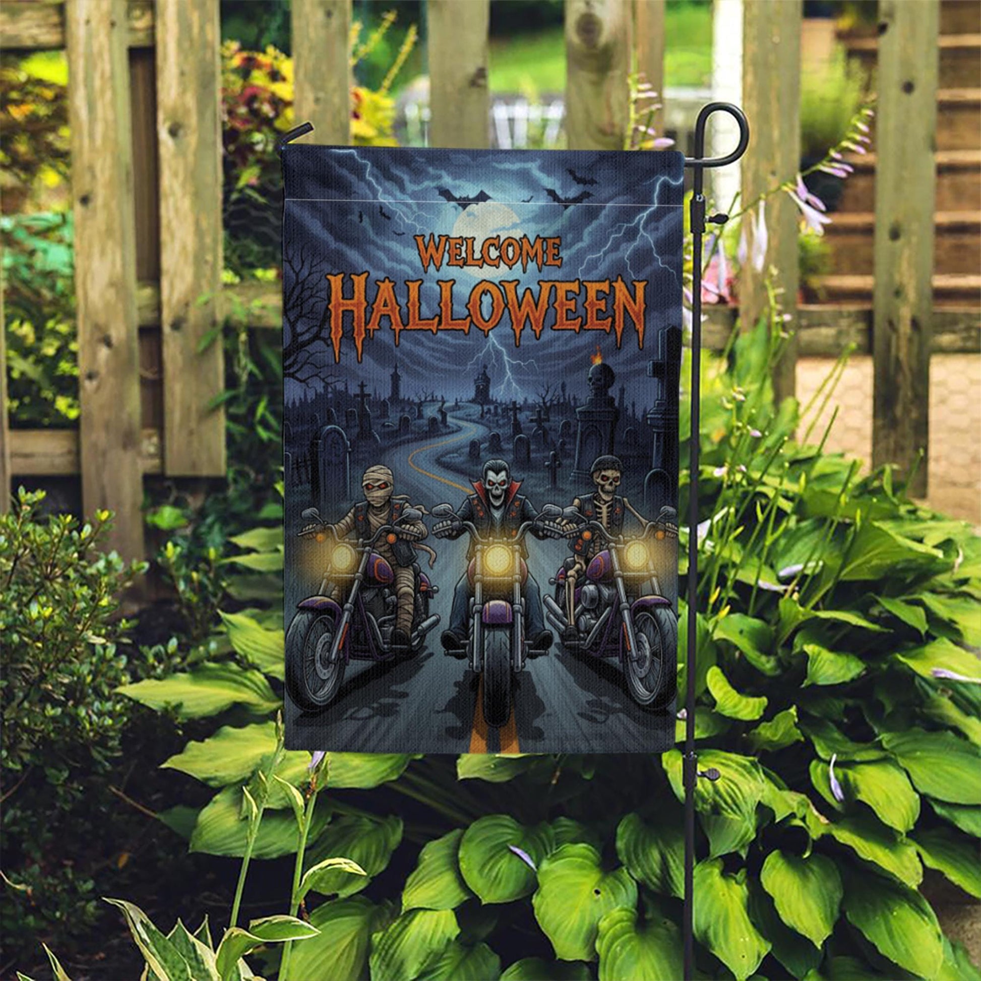Welcome Halloween Garden Flag | Spooky Biker Vampire Skeleton Yard Banner | Motorcycle Horror Outdoor Decor | Haunted Fall Sign