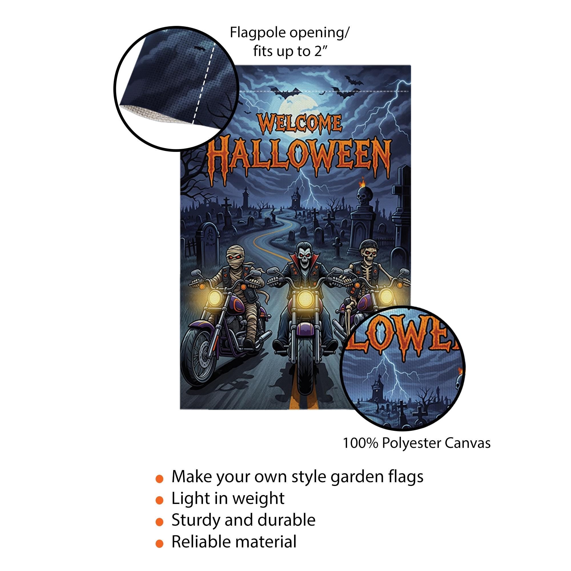 Welcome Halloween Garden Flag | Spooky Biker Vampire Skeleton Yard Banner | Motorcycle Horror Outdoor Decor | Haunted Fall Sign