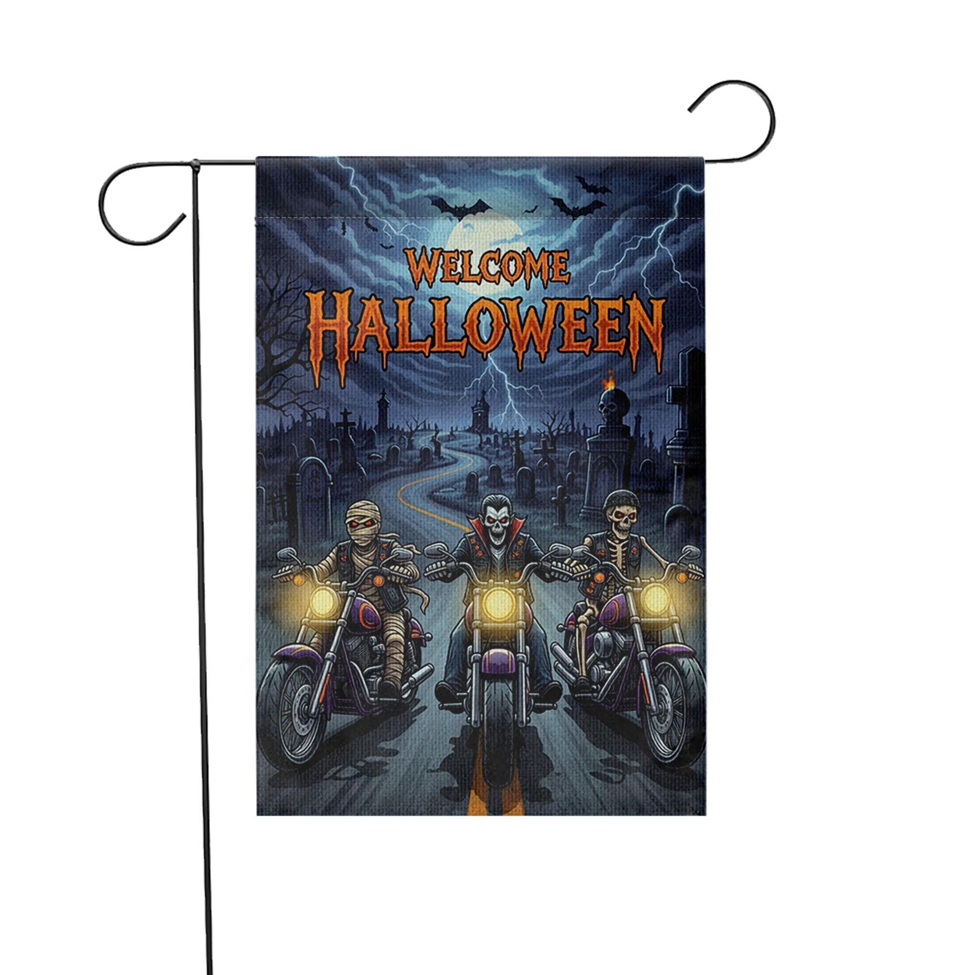 Welcome Halloween Garden Flag | Spooky Biker Vampire Skeleton Yard Banner | Motorcycle Horror Outdoor Decor | Haunted Fall Sign