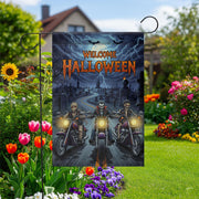 Welcome Halloween Garden Flag | Spooky Biker Vampire Skeleton Yard Banner | Motorcycle Horror Outdoor Decor | Haunted Fall Sign