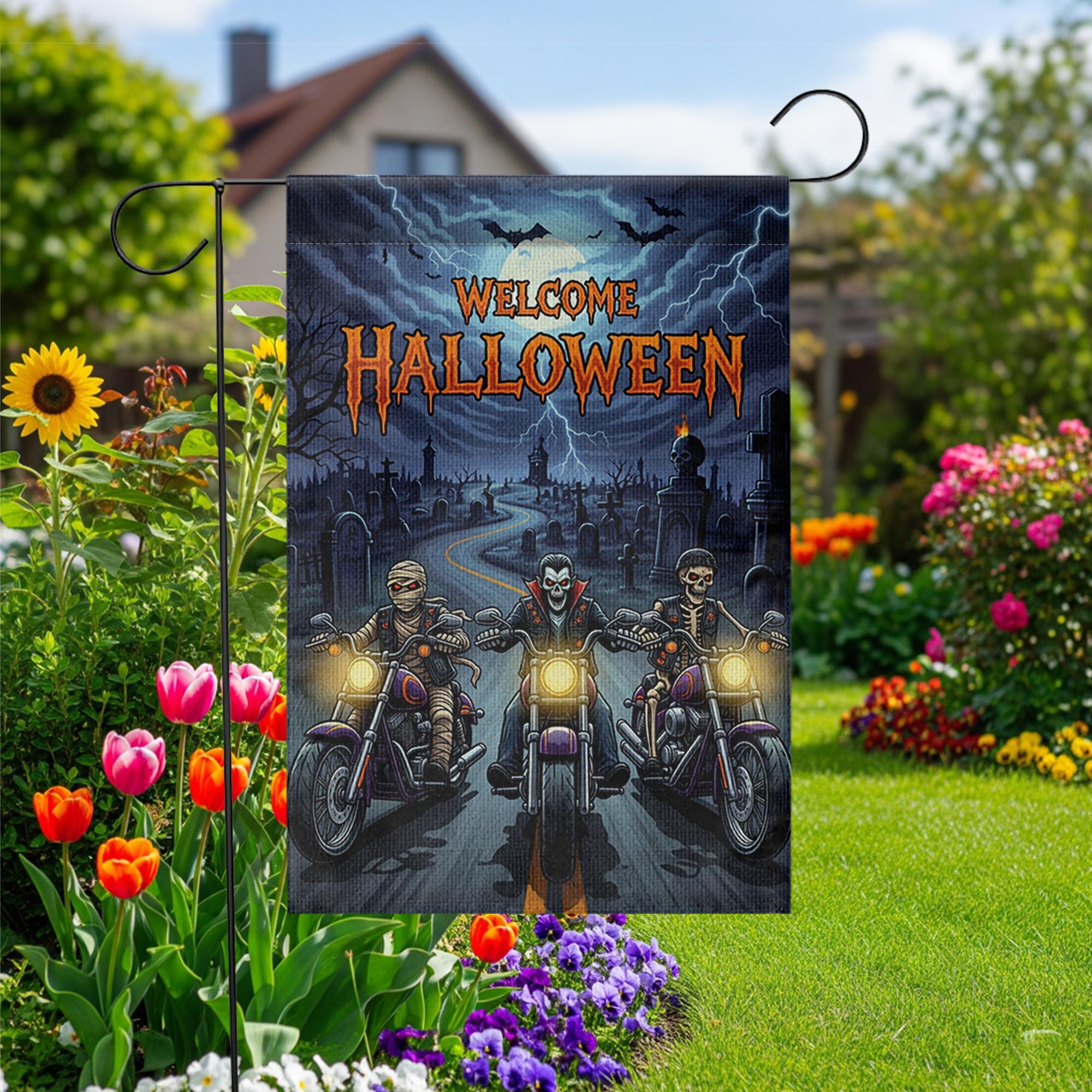 Welcome Halloween Garden Flag | Spooky Biker Vampire Skeleton Yard Banner | Motorcycle Horror Outdoor Decor | Haunted Fall Sign