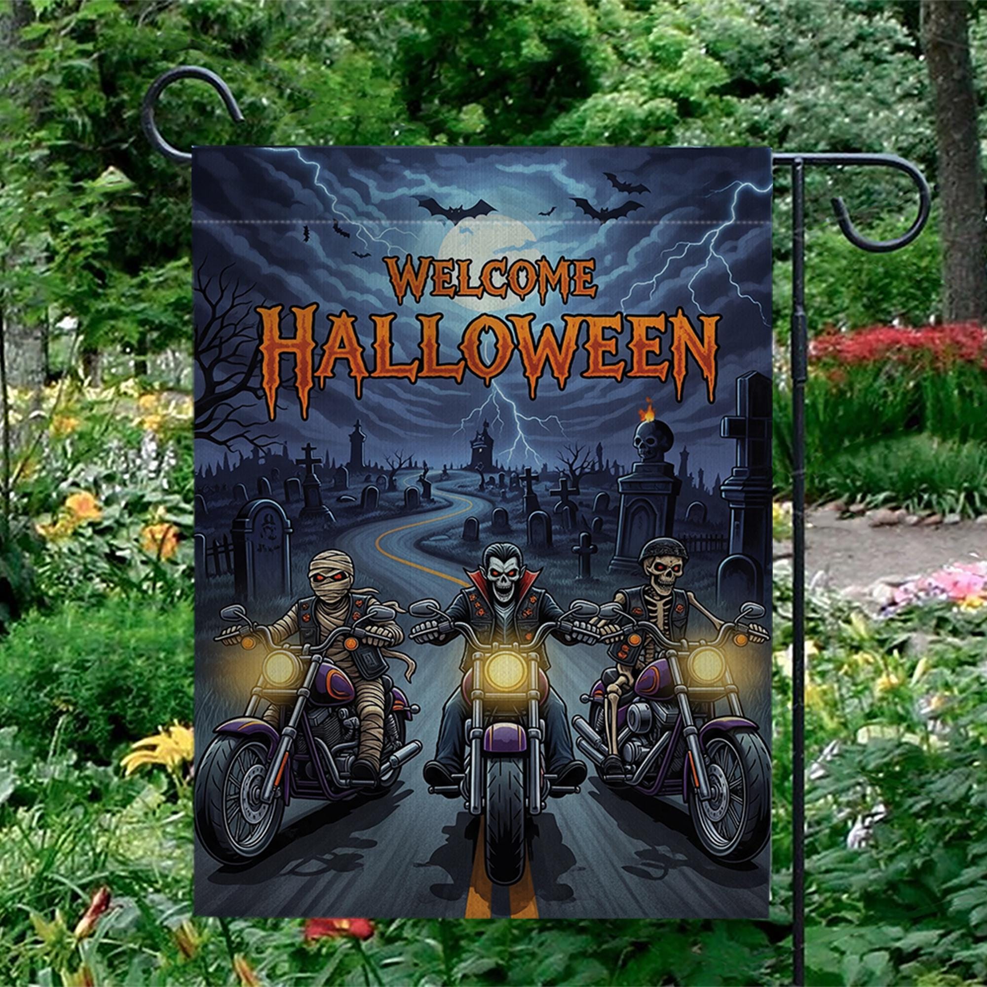 Welcome Halloween Garden Flag | Spooky Biker Vampire Skeleton Yard Banner | Motorcycle Horror Outdoor Decor | Haunted Fall Sign
