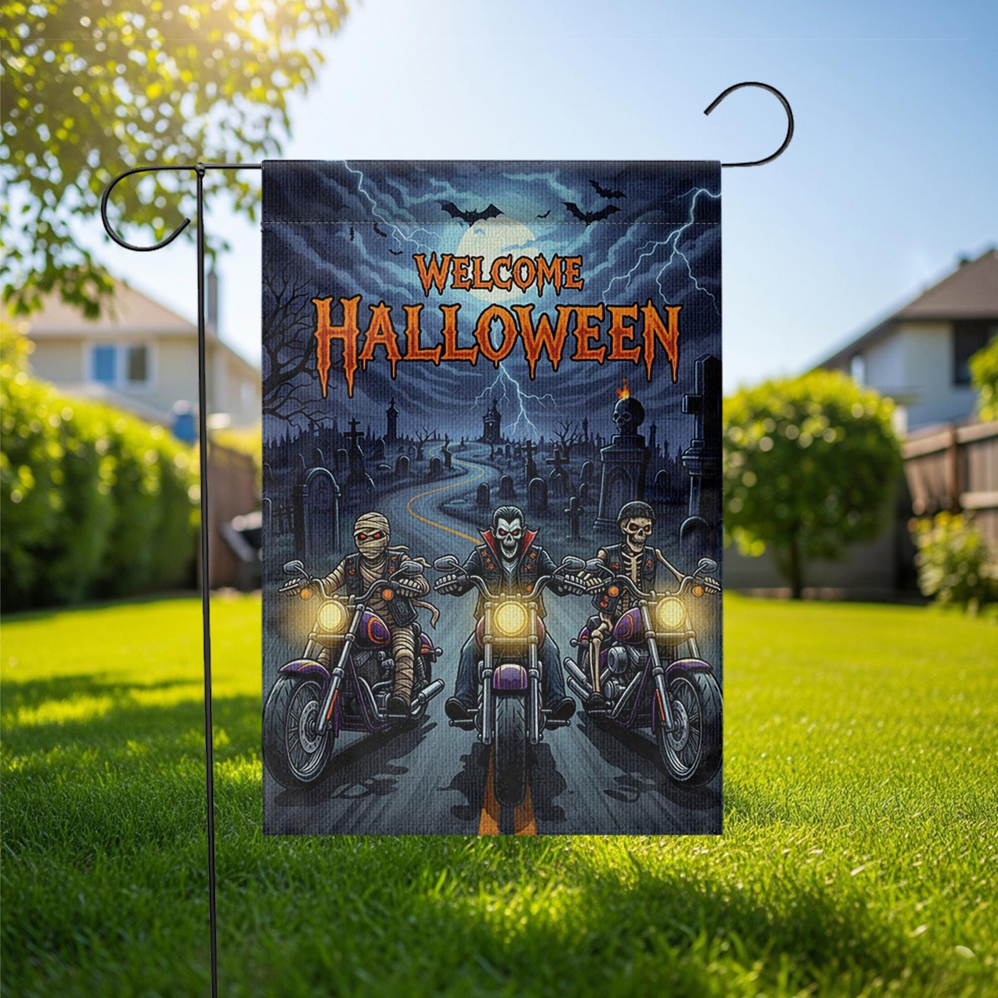 Welcome Halloween Garden Flag | Spooky Biker Vampire Skeleton Yard Banner | Motorcycle Horror Outdoor Decor | Haunted Fall Sign