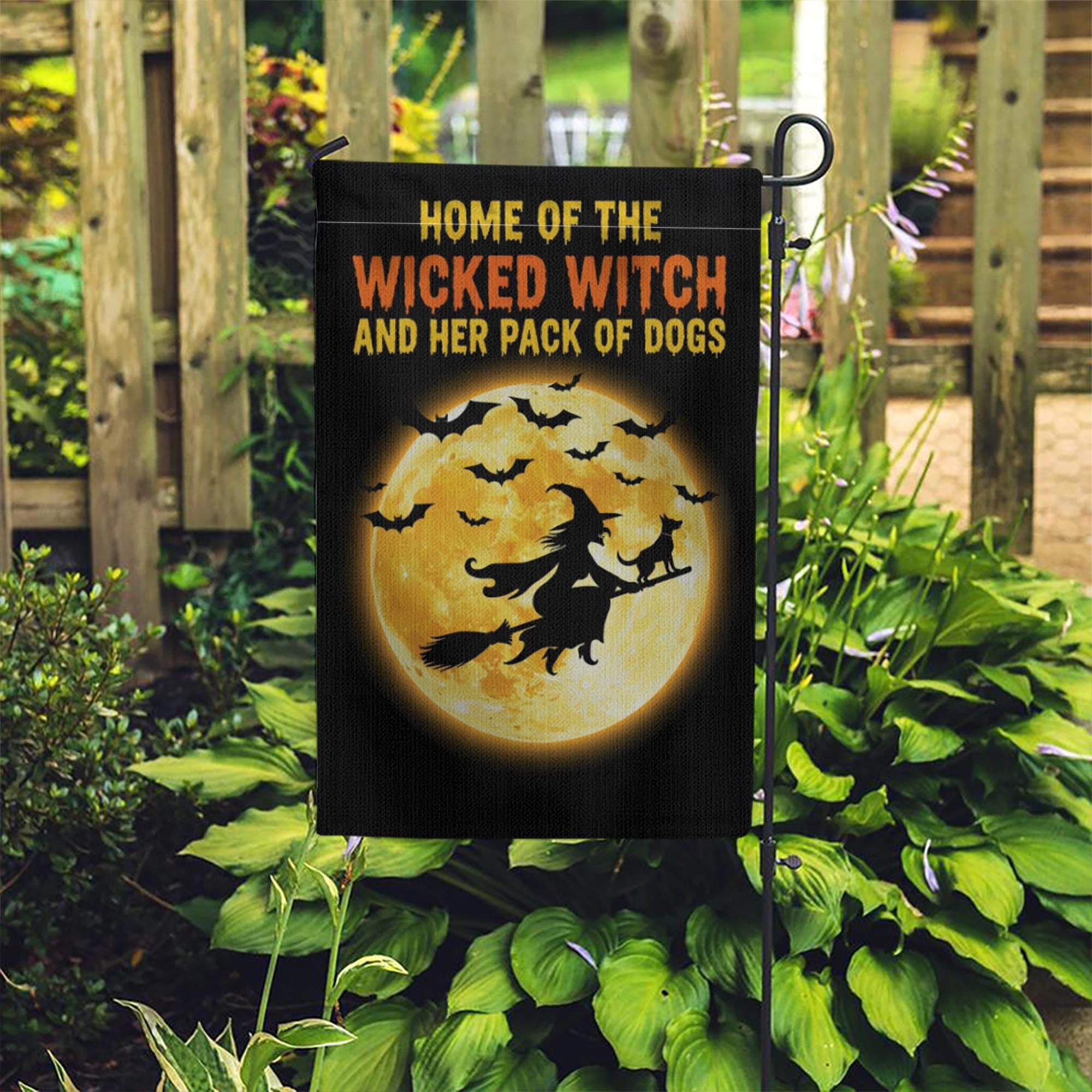 Wicked Witch Dog Pack Garden Flag | Halloween Moon Yard Banner | Spooky Dog Lover Outdoor Decor | Funny Fall Witch Sign
