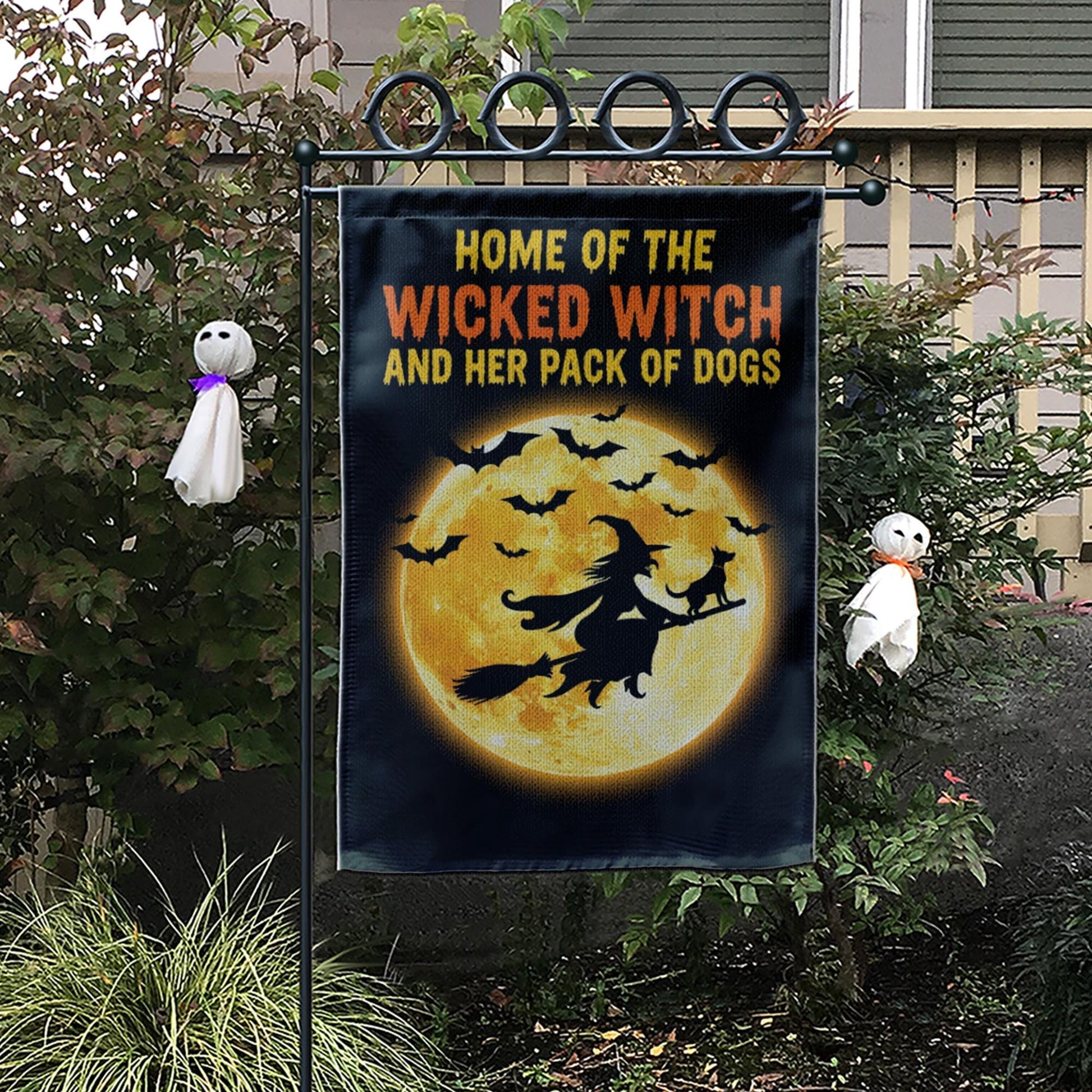 Wicked Witch Dog Pack Garden Flag | Halloween Moon Yard Banner | Spooky Dog Lover Outdoor Decor | Funny Fall Witch Sign
