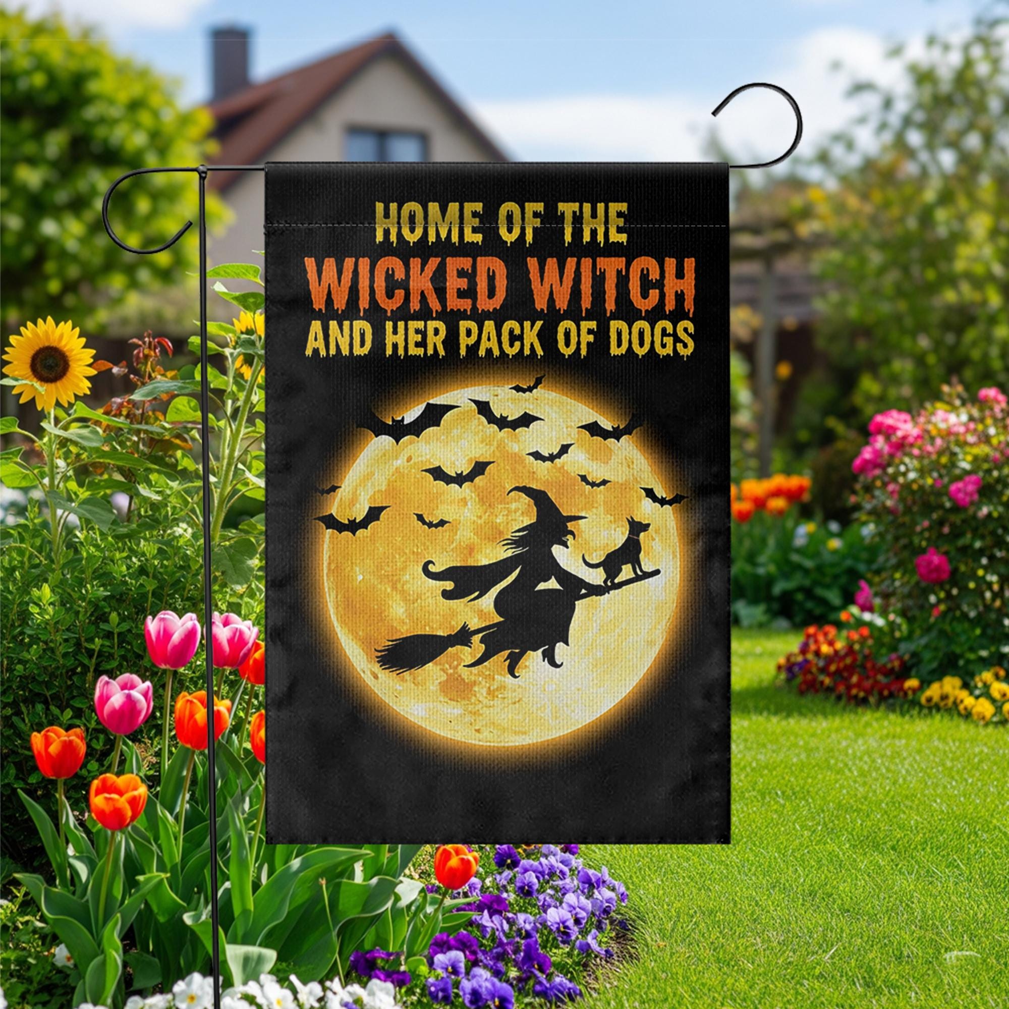 Wicked Witch Dog Pack Garden Flag | Halloween Moon Yard Banner | Spooky Dog Lover Outdoor Decor | Funny Fall Witch Sign