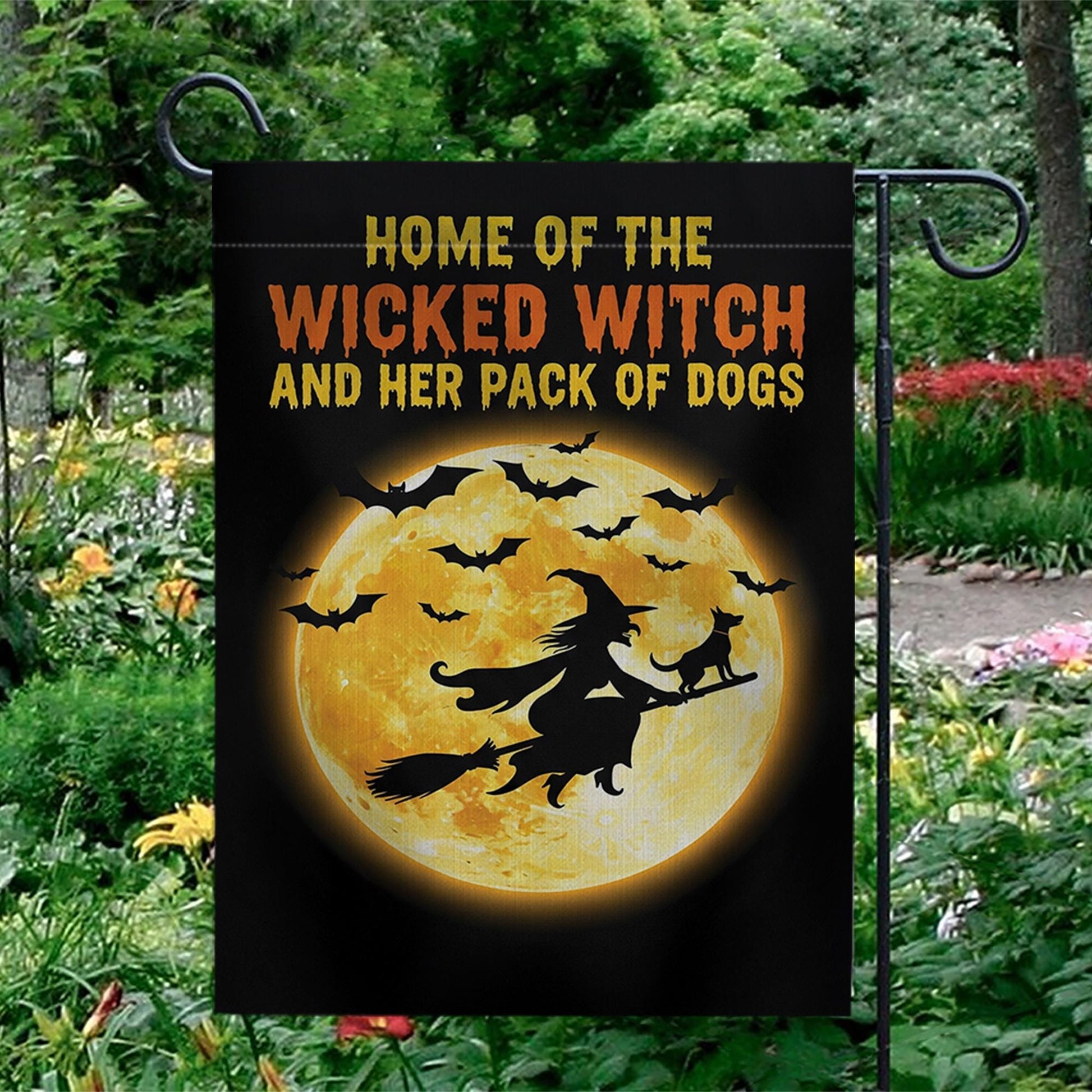 Wicked Witch Dog Pack Garden Flag | Halloween Moon Yard Banner | Spooky Dog Lover Outdoor Decor | Funny Fall Witch Sign