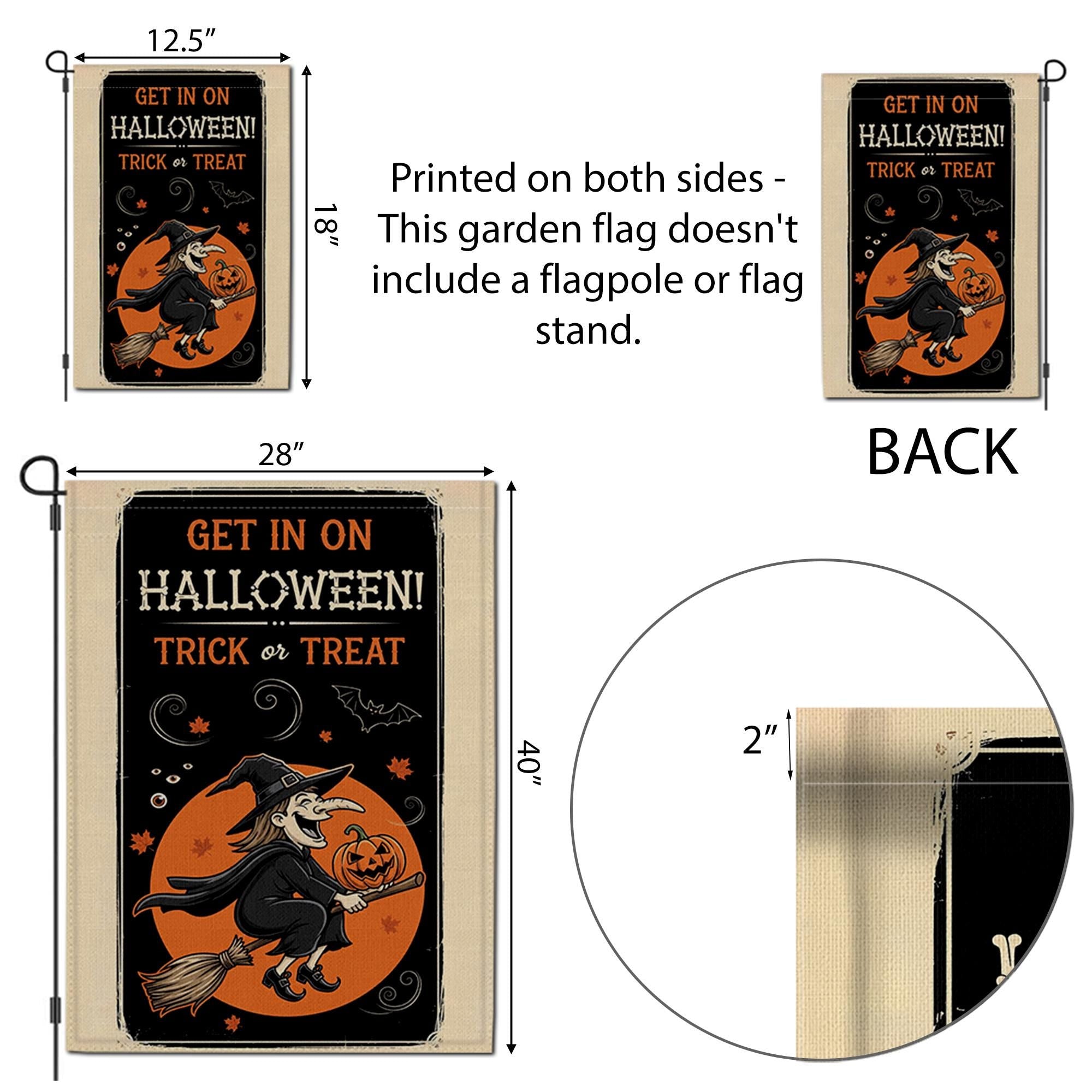 Get In On Halloween Garden Flag | Flying Witch Trick or Treat Yard Banner | Spooky Fall Outdoor Decor | Pumpkin Witch Sign