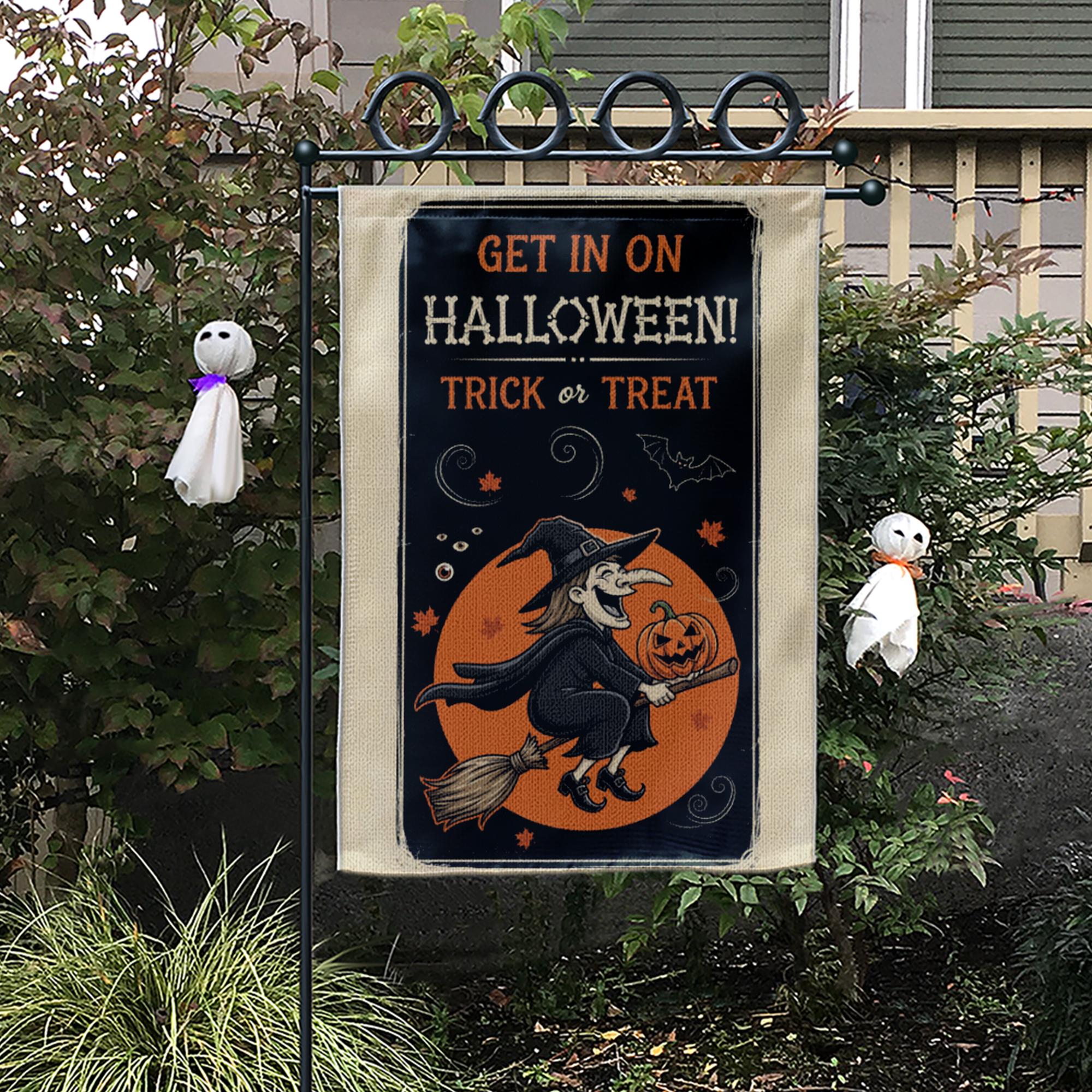 Get In On Halloween Garden Flag | Flying Witch Trick or Treat Yard Banner | Spooky Fall Outdoor Decor | Pumpkin Witch Sign