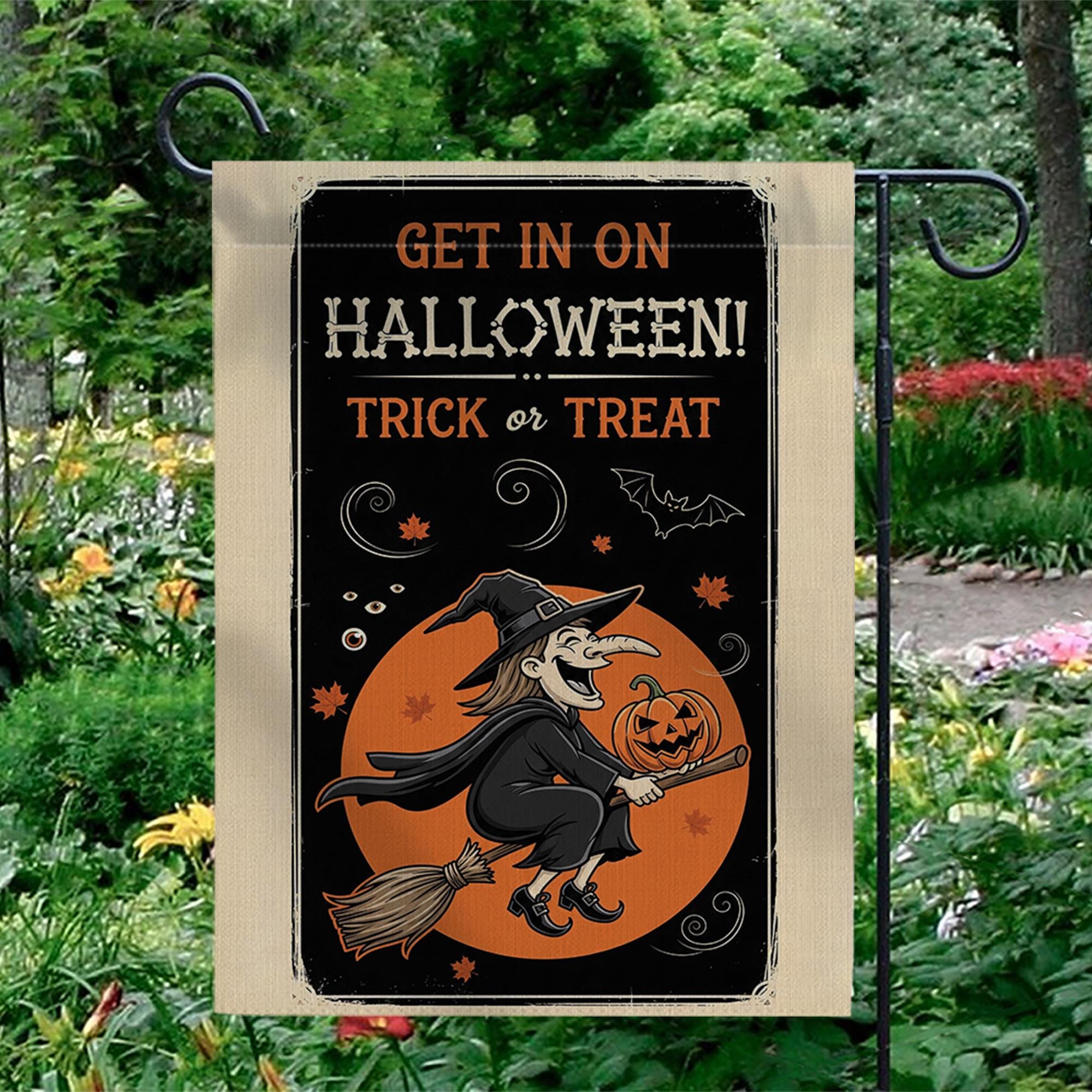 Get In On Halloween Garden Flag | Flying Witch Trick or Treat Yard Banner | Spooky Fall Outdoor Decor | Pumpkin Witch Sign