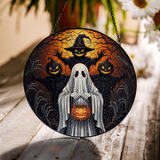 Halloween Ghost Pumpkin Stained Glass Suncatcher | Spooky Fall Hanging Window Decor | Witch Jack-o-Lantern Panel