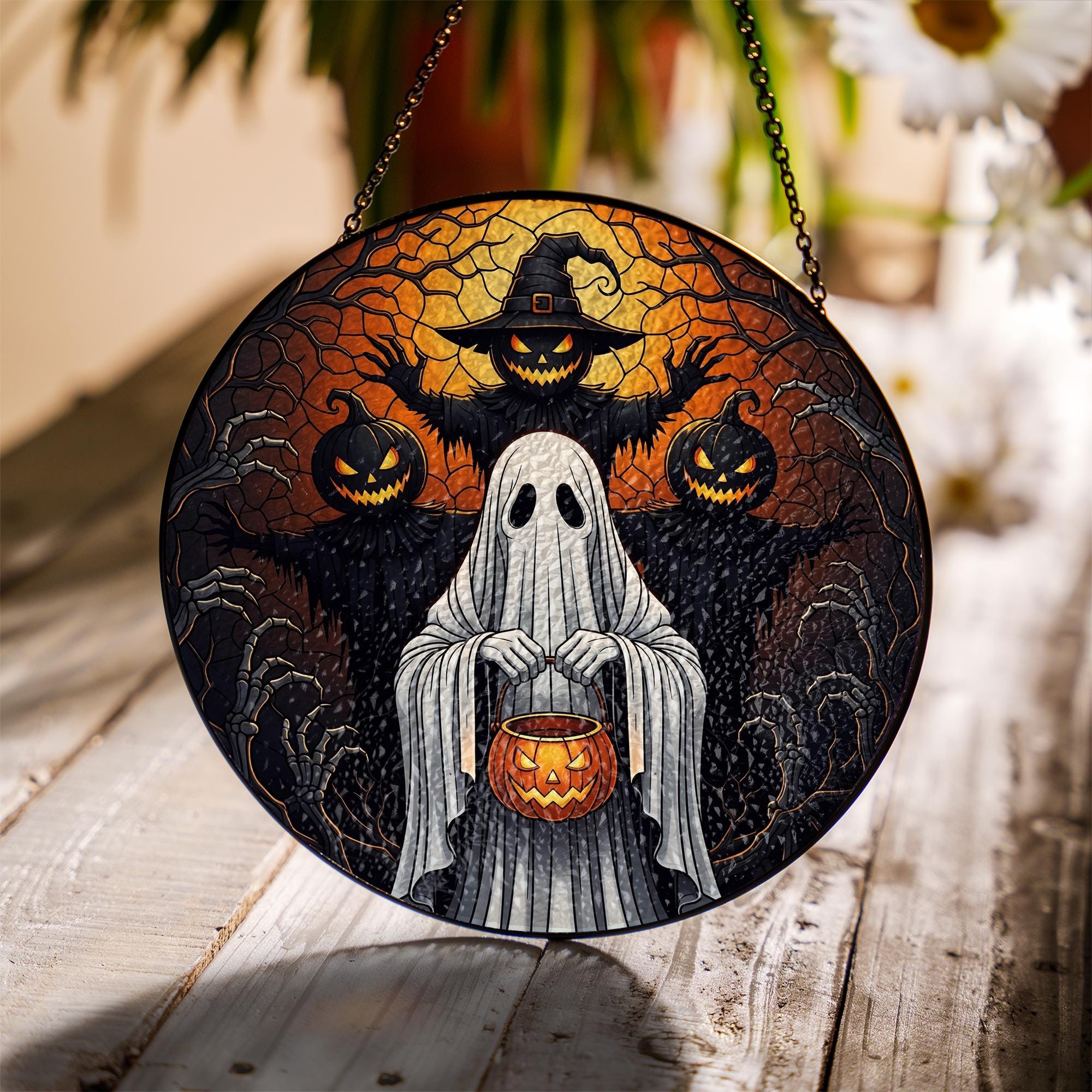 Halloween Ghost Pumpkin Stained Glass Suncatcher | Spooky Fall Hanging Window Decor | Witch Jack-o-Lantern Panel