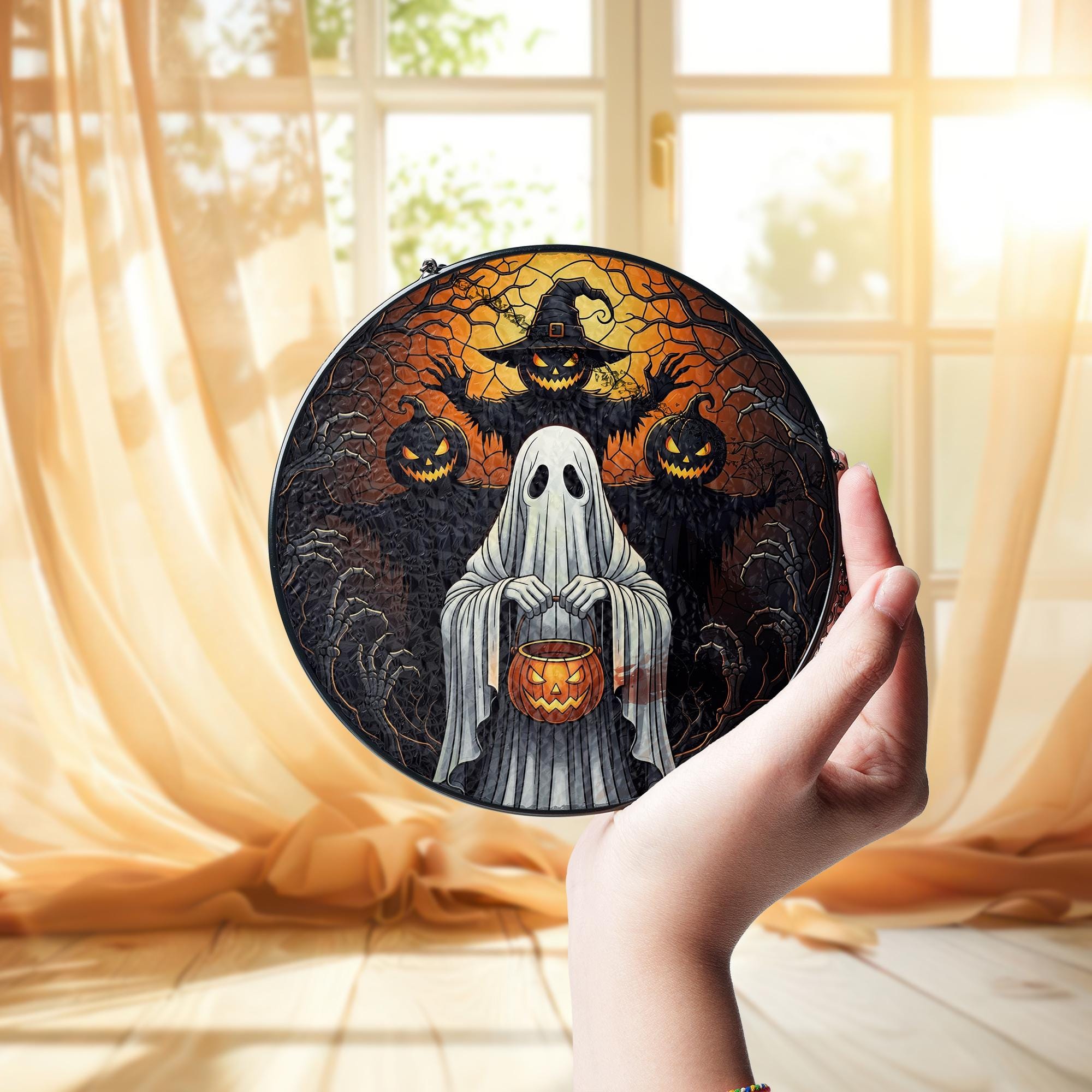 Halloween Ghost Pumpkin Stained Glass Suncatcher | Spooky Fall Hanging Window Decor | Witch Jack-o-Lantern Panel